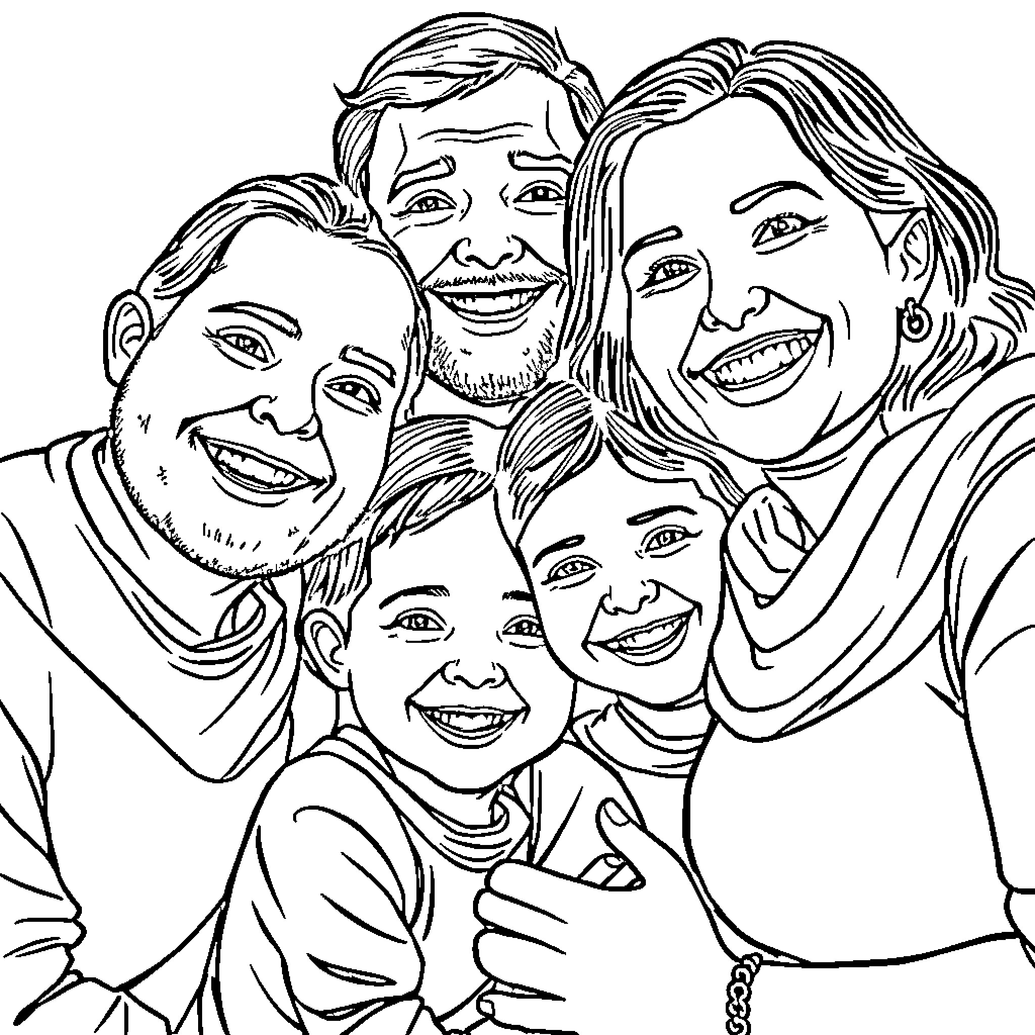 Family Enjoying Cheerful Gathering Together Coloring Page (free black-and-white line drawing printable PDF for all, from beginners to advanced learners, including children, teens, adults, and seniors)