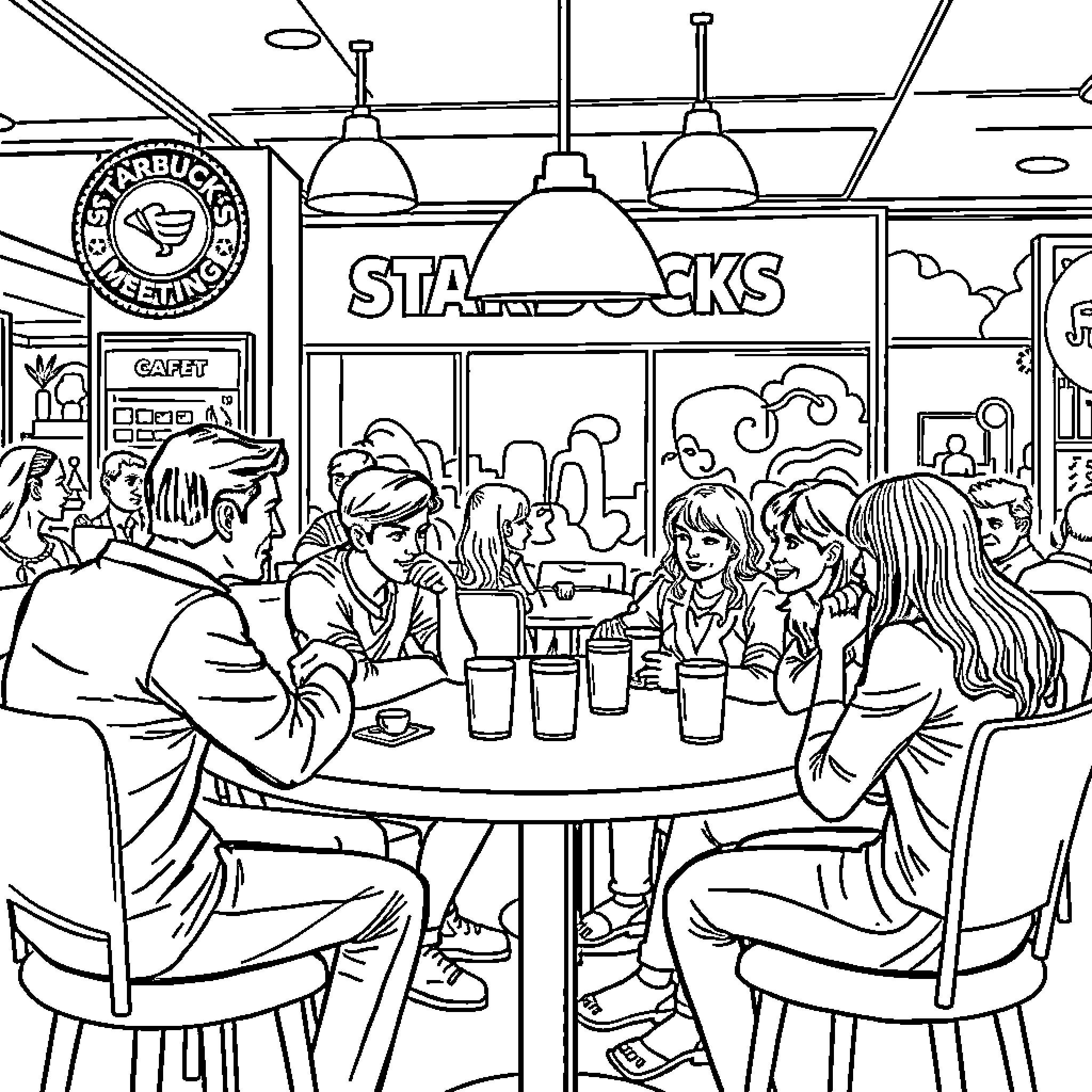 Starbucks Customers Enjoying Beverages and Conversation Coloring Page (free black-and-white line drawing printable PDF for all, from beginners to advanced learners, including children, teens, adults, and seniors)