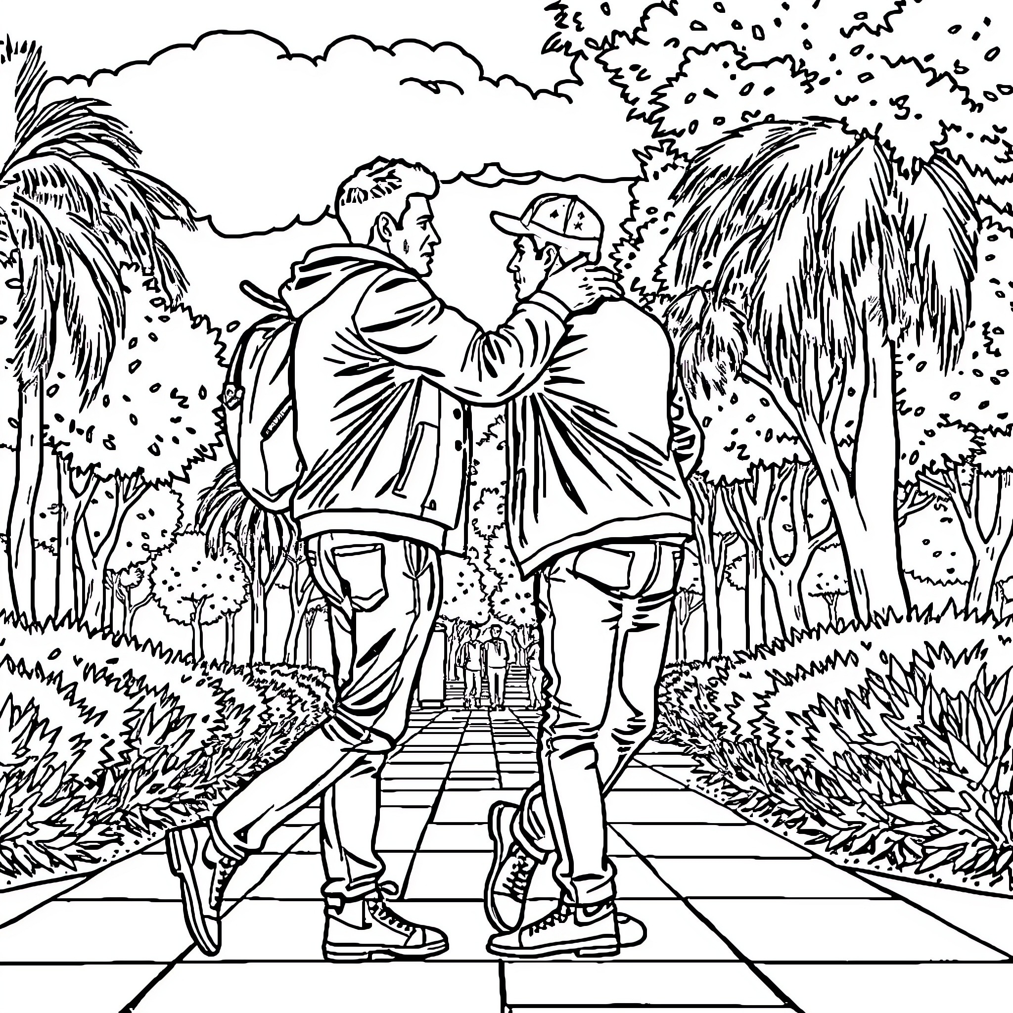 Hombre explorando la selva con un amigo Coloring Page (free black-and-white line drawing printable PDF for all, from beginners to advanced learners, including children, teens, adults, and seniors)