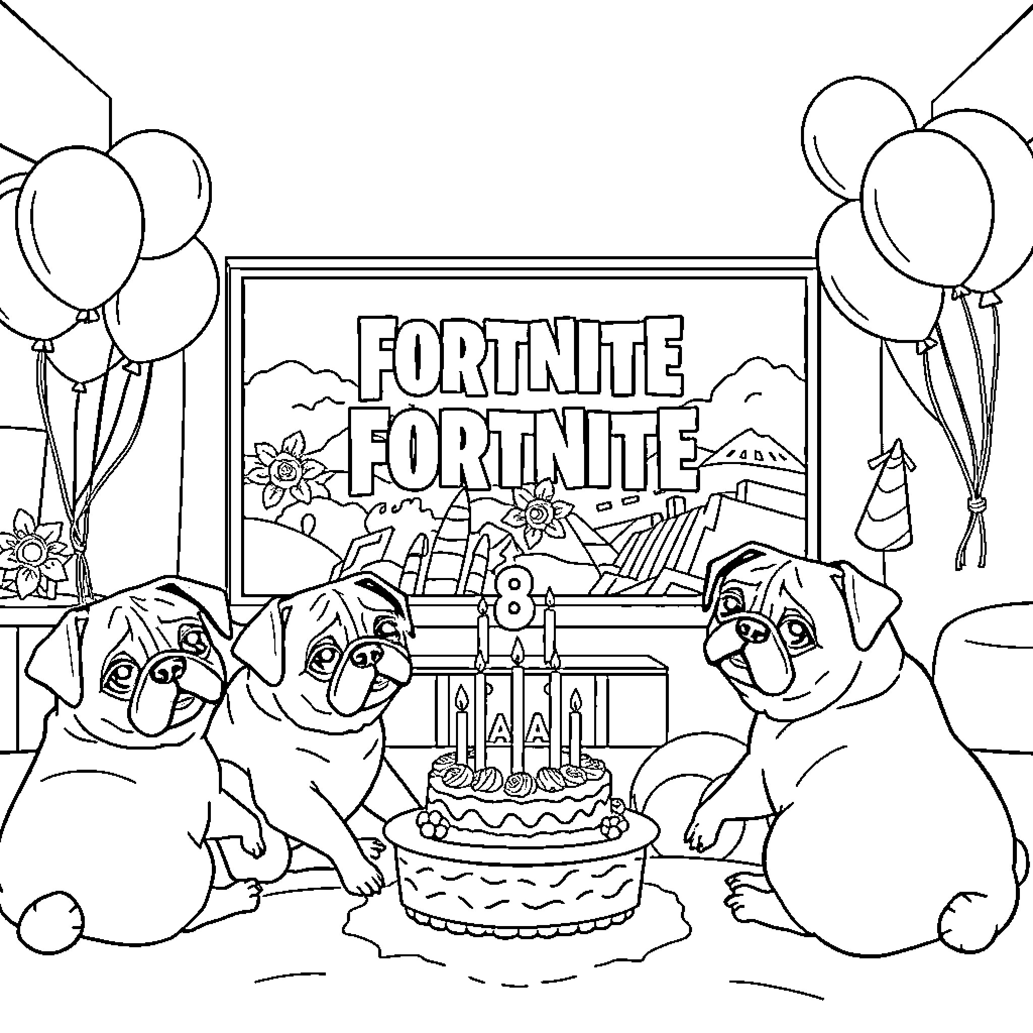 Pugs celebrating Fortnite birthday party Coloring Page (free black-and-white line drawing printable PDF for all, from beginners to advanced learners, including children, teens, adults, and seniors)