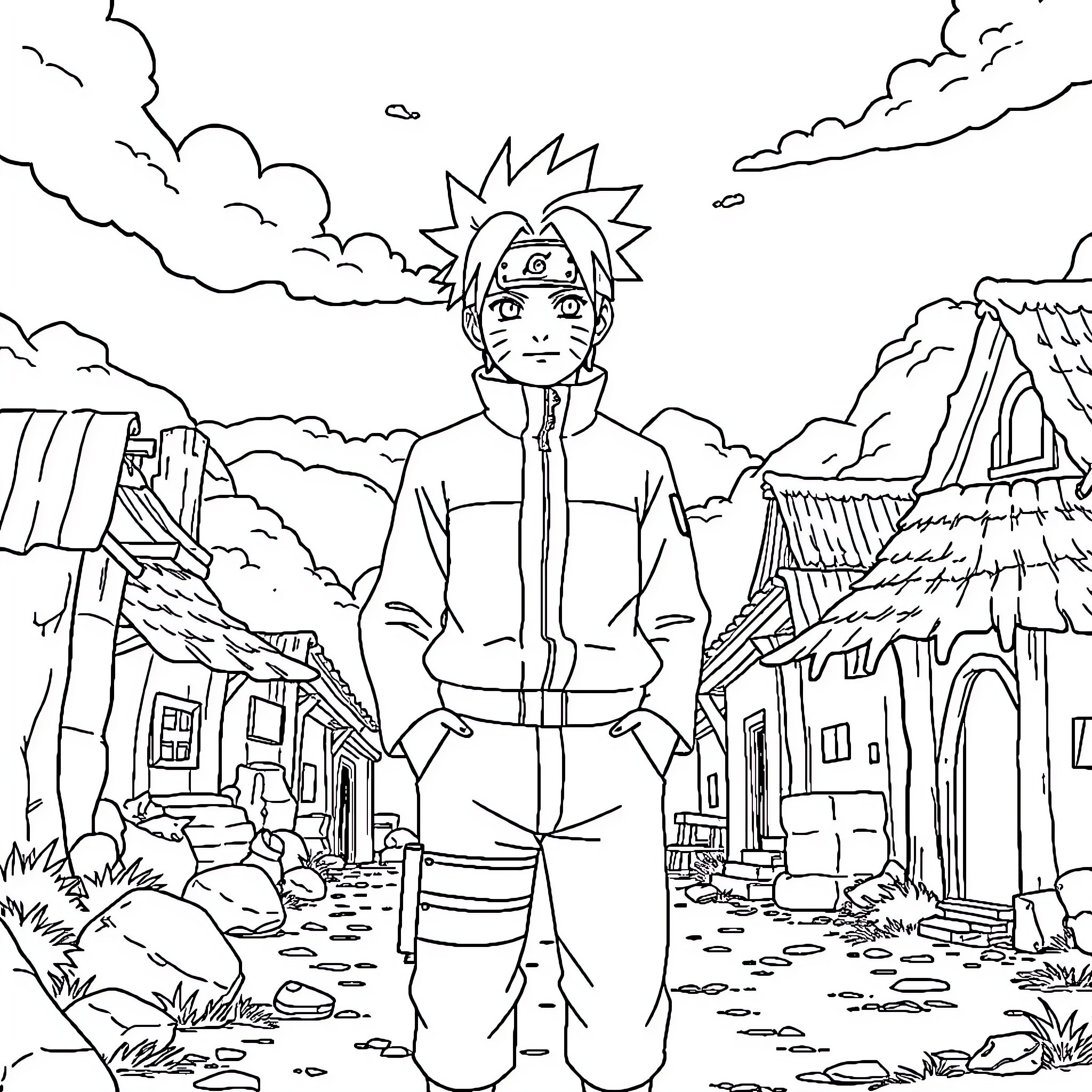 Naruto in an adventurous village scene Coloring Page (free black-and-white line drawing printable PDF for all, from beginners to advanced learners, including children, teens, adults, and seniors)