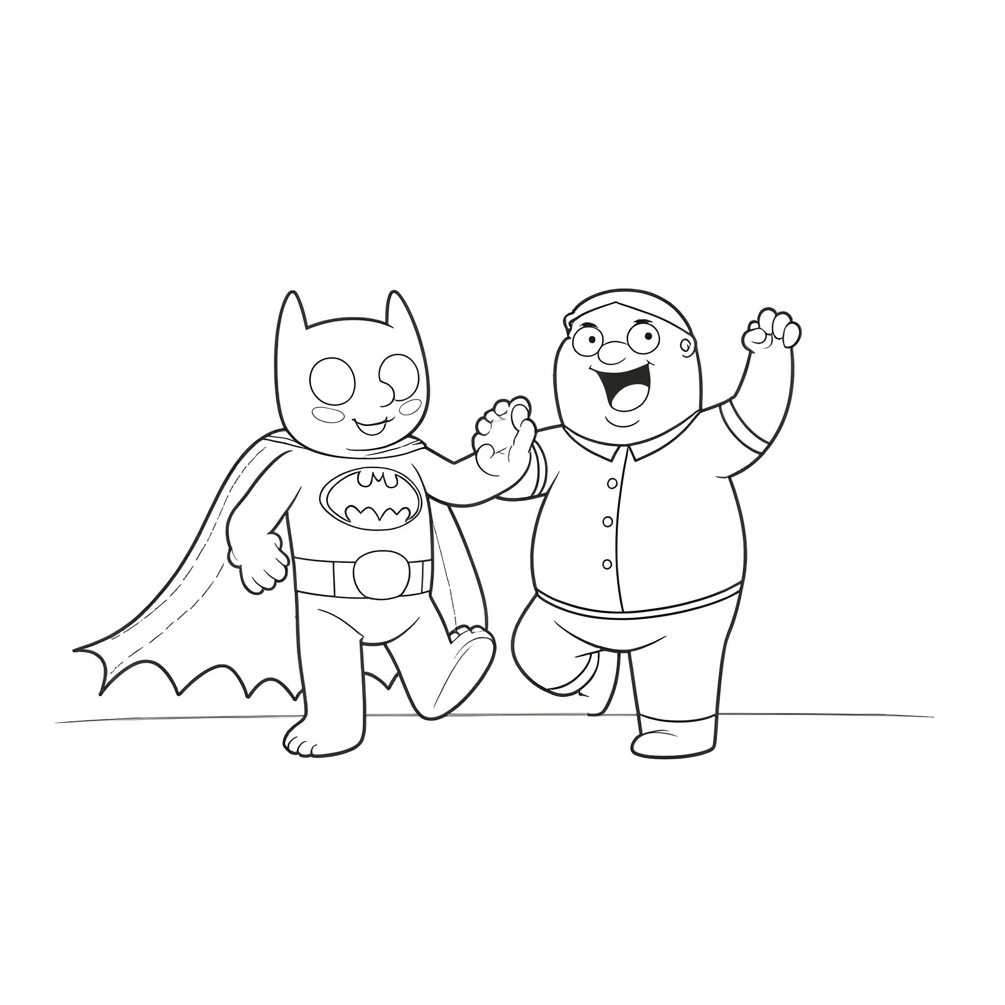 Peter Griffin as Batman and his friend in amusing poses Coloring Page (free black-and-white line drawing printable PDF for all, from beginners to advanced learners, including children, teens, adults, and seniors)