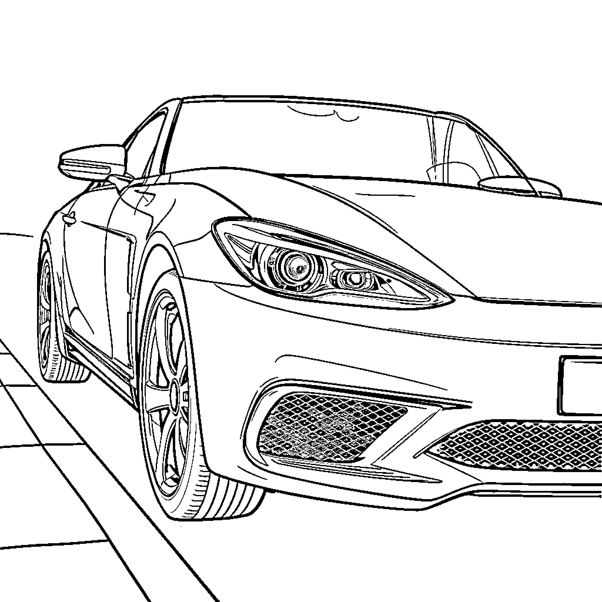 Car speeding on asphalt road Coloring Page (free black-and-white line drawing printable PDF for all, from beginners to advanced learners, including children, teens, adults, and seniors)