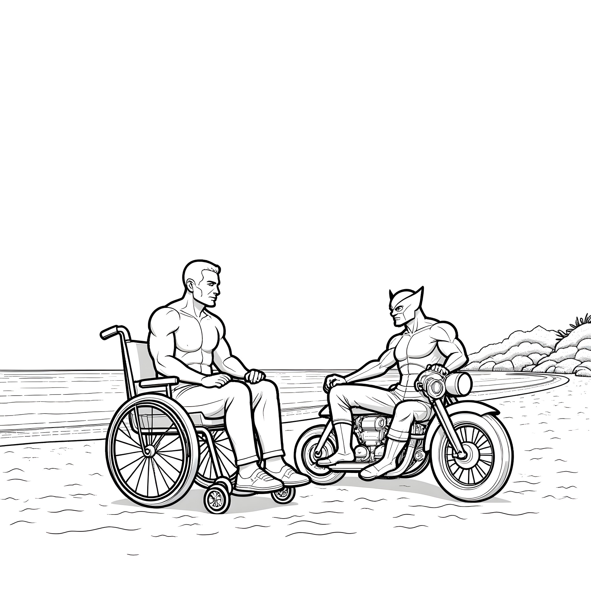 Professor Xavier and Wolverine in Wheelchair Motorcycle Adventure Coloring Page (free black-and-white line drawing printable PDF for all, from beginners to advanced learners, including children, teens, adults, and seniors)