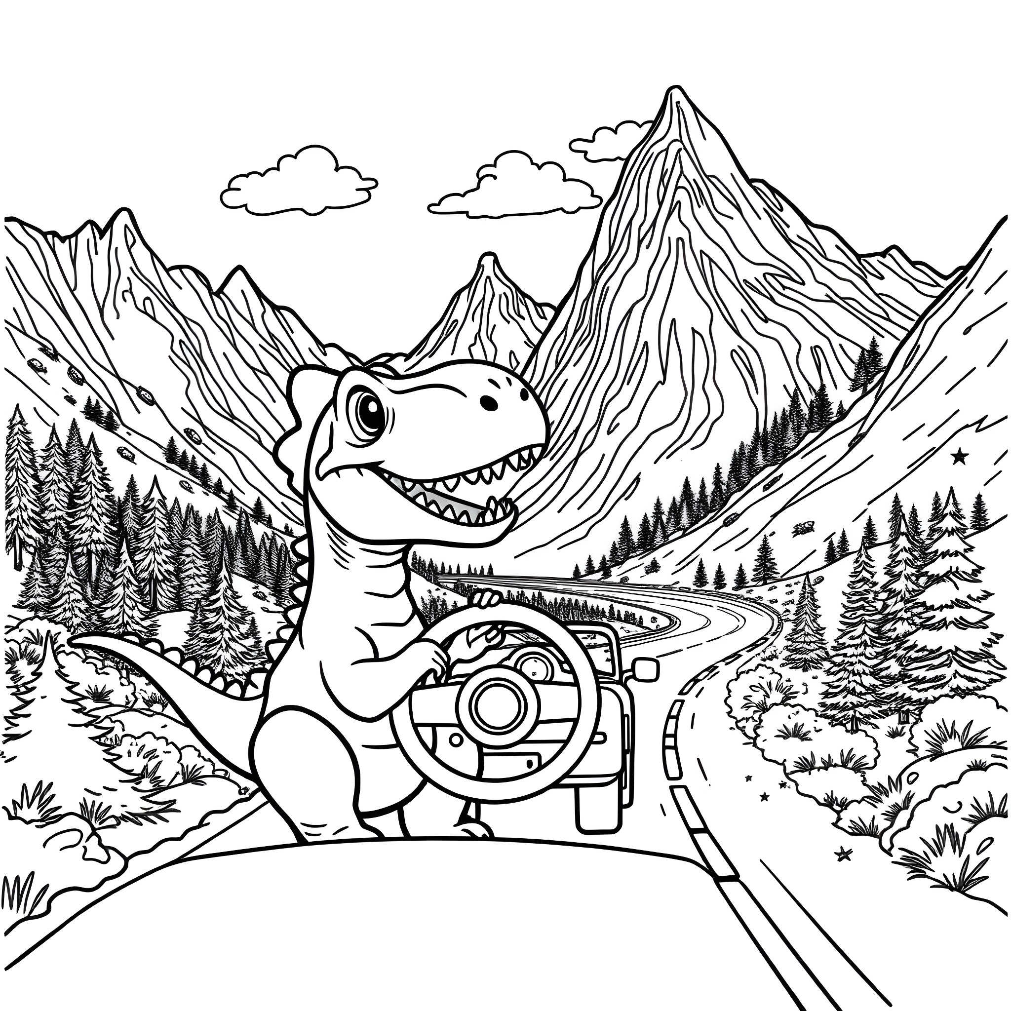 Dino Driving Adventurously Through Mountain Landscape Coloring Page (free black-and-white line drawing printable PDF for all, from beginners to advanced learners, including children, teens, adults, and seniors)