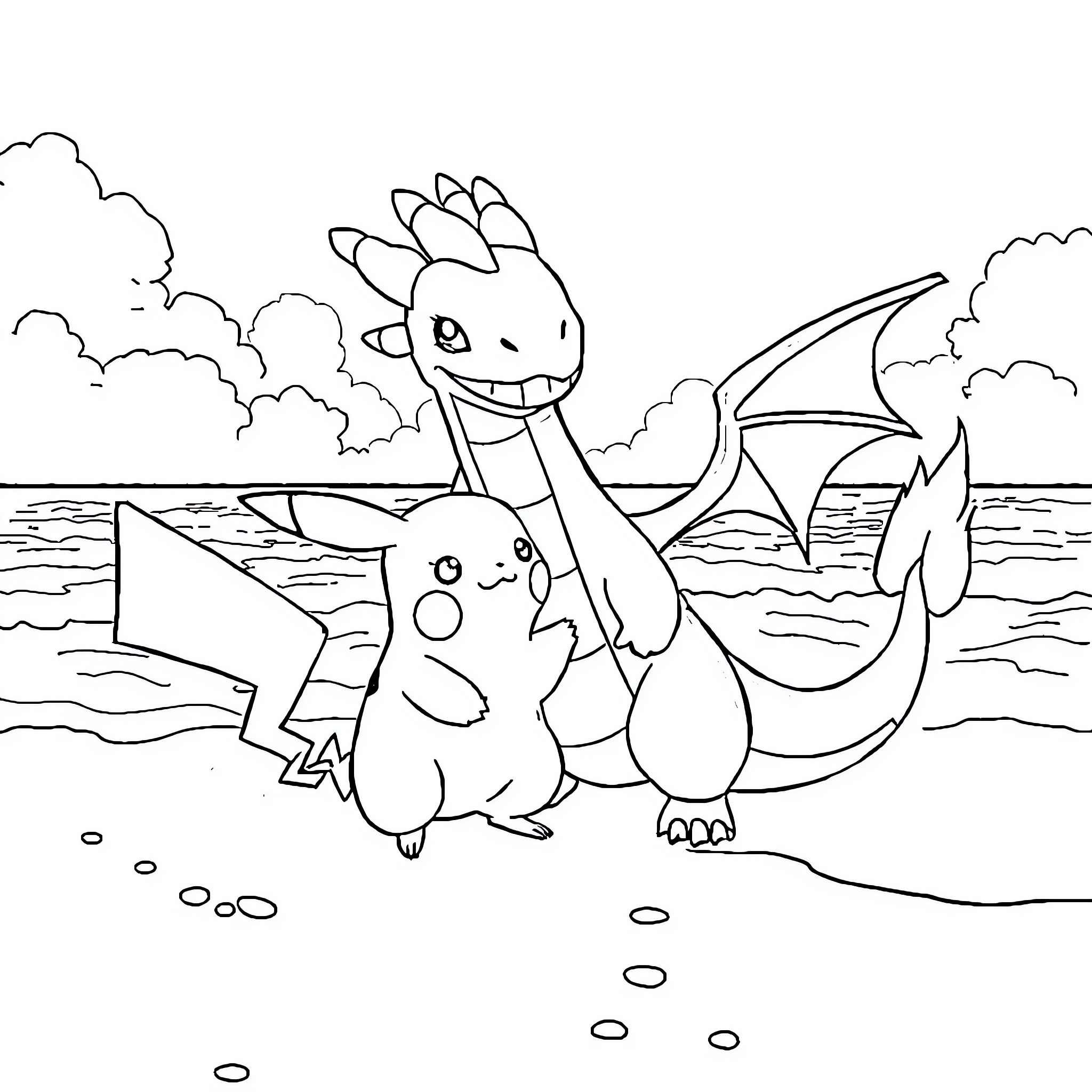Pikachu and dragon friends enjoy seaside adventure Coloring Page (free black-and-white line drawing printable PDF for all, from beginners to advanced learners, including children, teens, adults, and seniors)