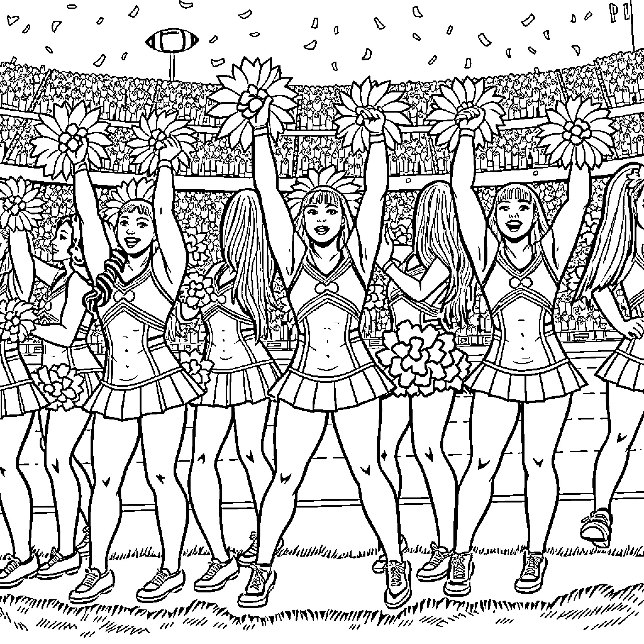 Cheerleader squad performing with enthusiasm Coloring Page (free black-and-white line drawing printable PDF for all, from beginners to advanced learners, including children, teens, adults, and seniors)