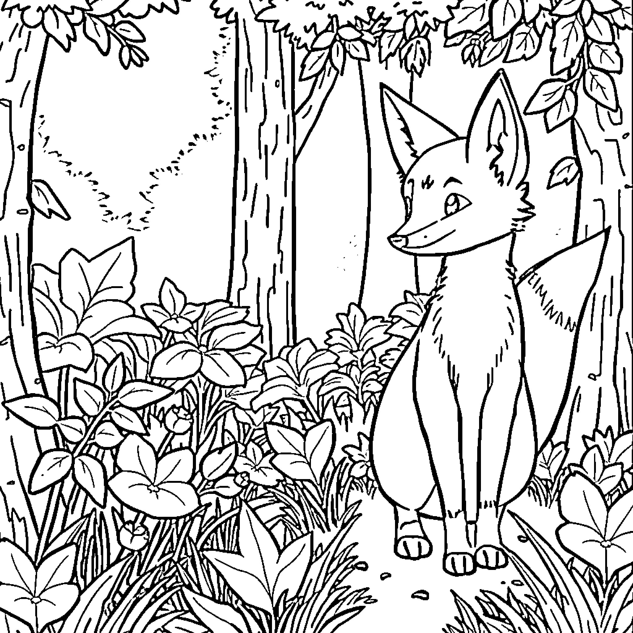 Fox exploring the lush forest Coloring Page (free black-and-white line drawing printable PDF for all, from beginners to advanced learners, including children, teens, adults, and seniors)