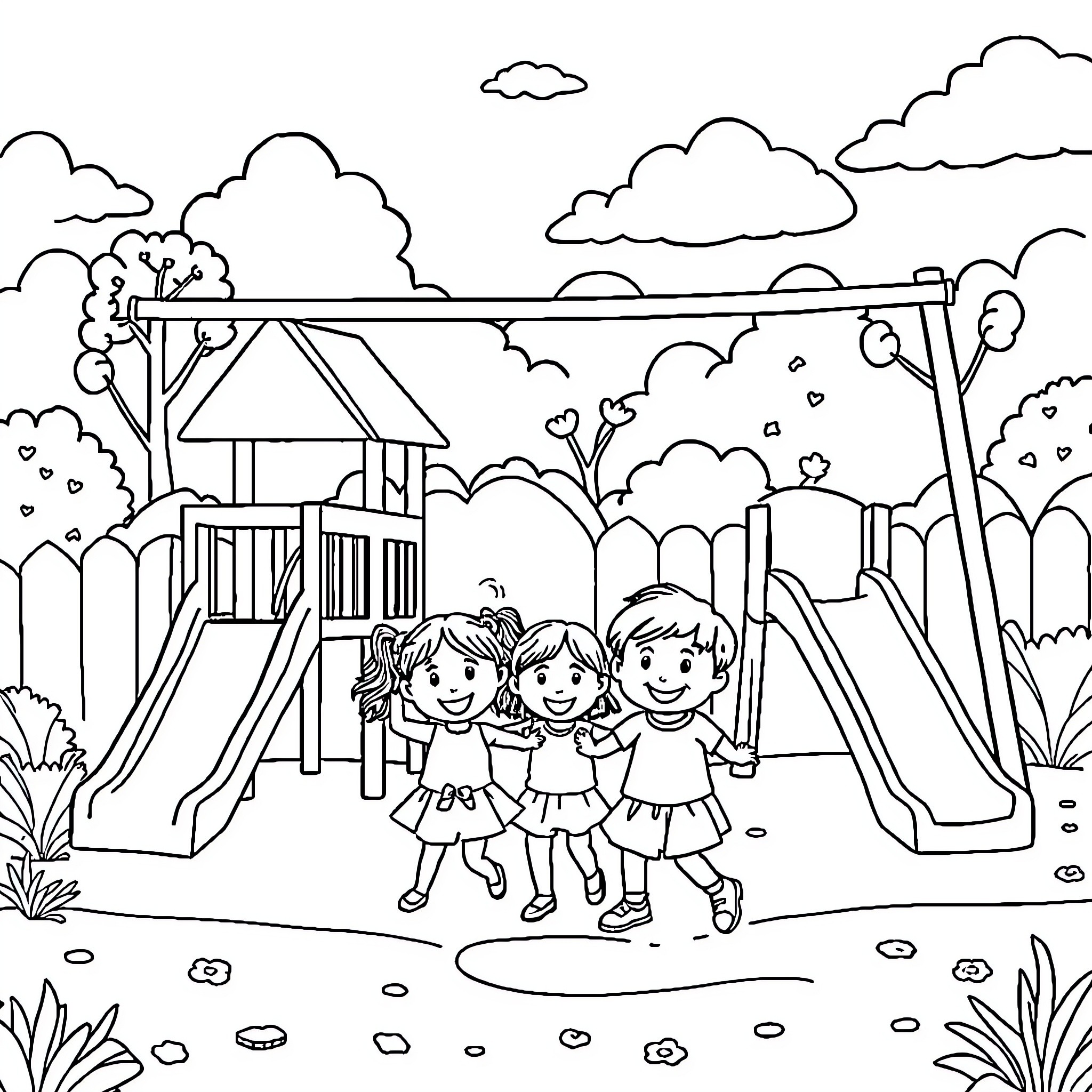 Kid playing happily on playground equipment Coloring Page (free black-and-white line drawing printable PDF for all, from beginners to advanced learners, including children, teens, adults, and seniors)