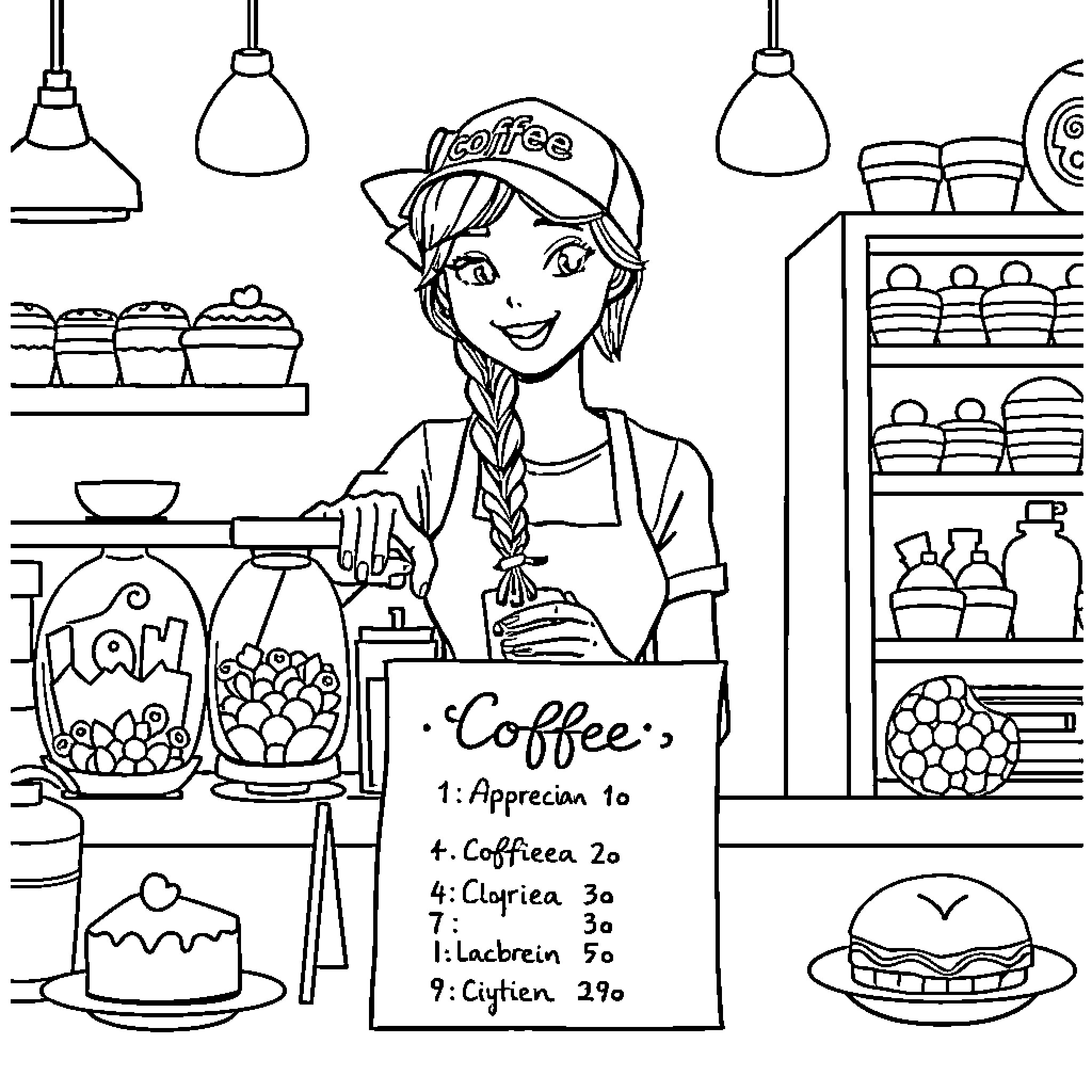 Barista serving coffee and baked goods in a cafe Coloring Page (free black-and-white line drawing printable PDF for all, from beginners to advanced learners, including children, teens, adults, and seniors)