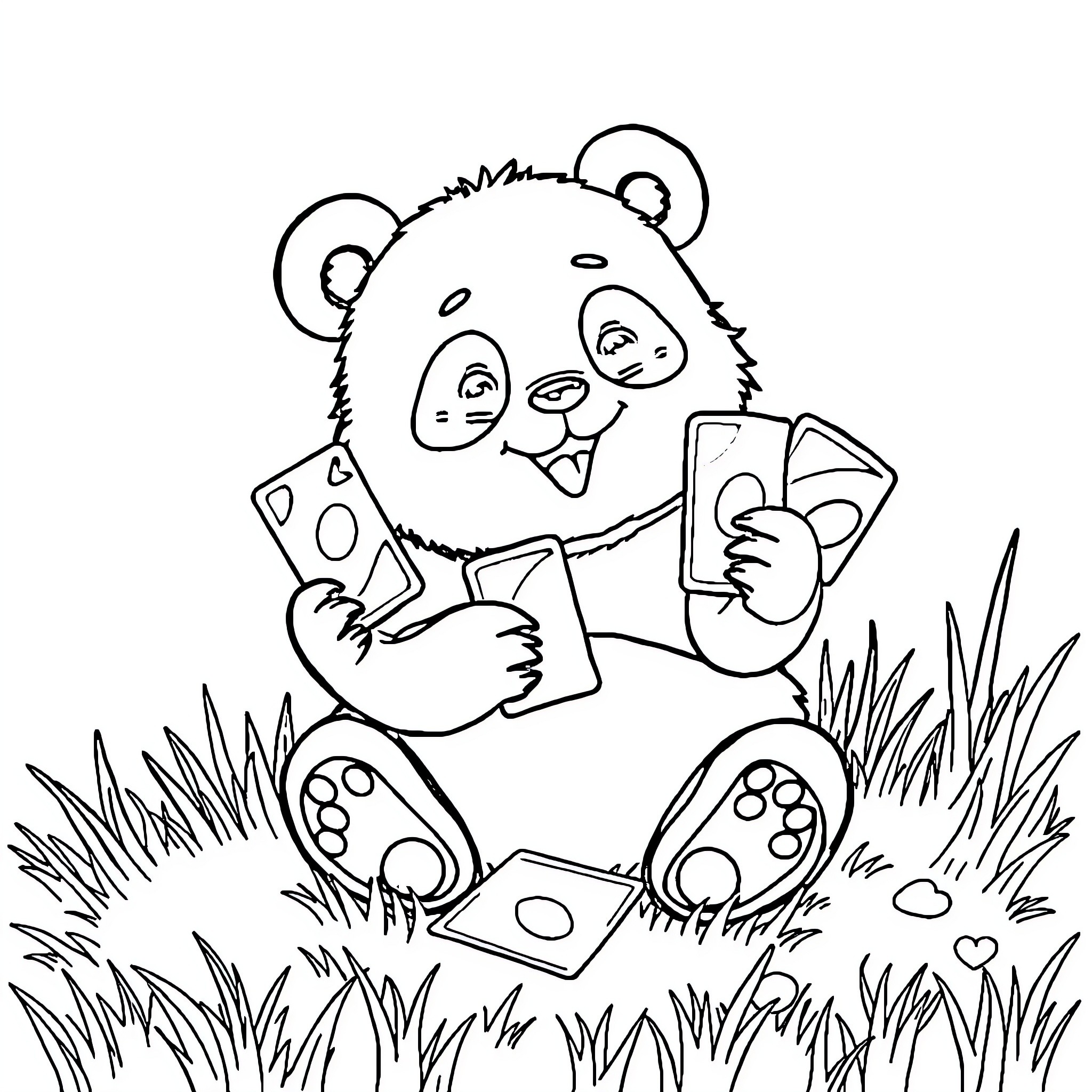 Panda playing cheerfully with cards in the grass Coloring Page (free black-and-white line drawing printable PDF for all, from beginners to advanced learners, including children, teens, adults, and seniors)