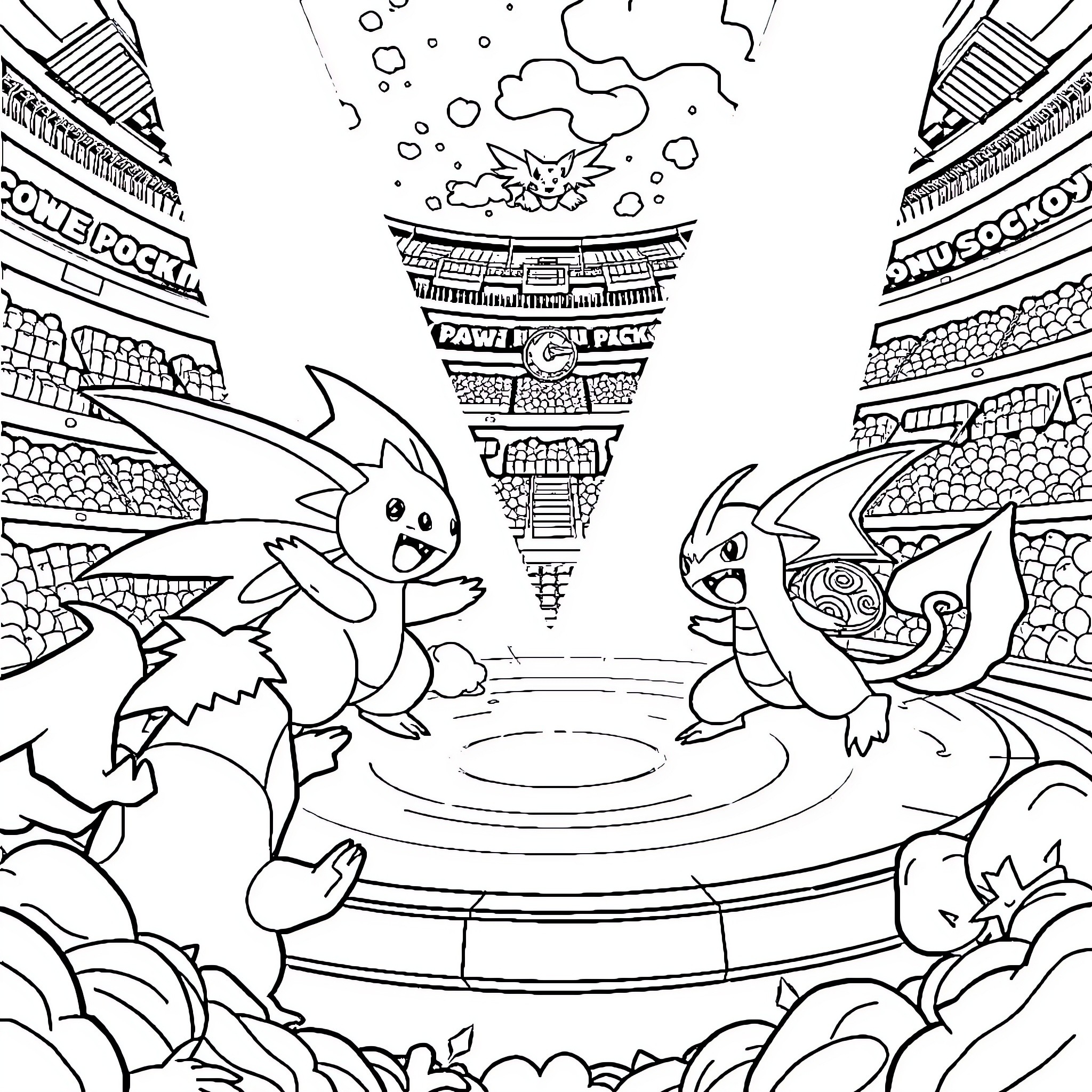 Pokémon Battling Playfully in a Fantastical Arena Coloring Page (free black-and-white line drawing printable PDF for all, from beginners to advanced learners, including children, teens, adults, and seniors)