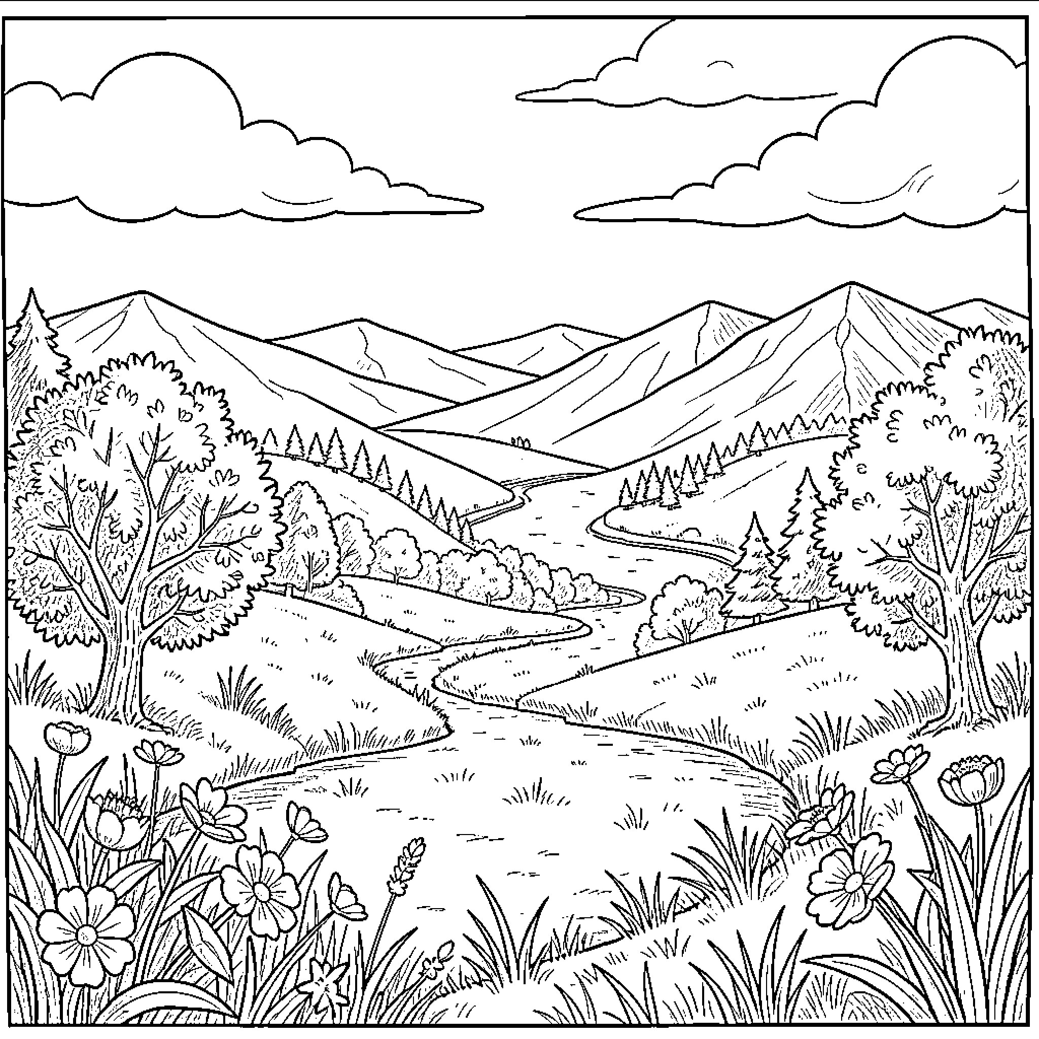 Pencil drawing of a scenic mountain valley landscape Coloring Page (free black-and-white line drawing printable PDF for all, from beginners to advanced learners, including children, teens, adults, and seniors)