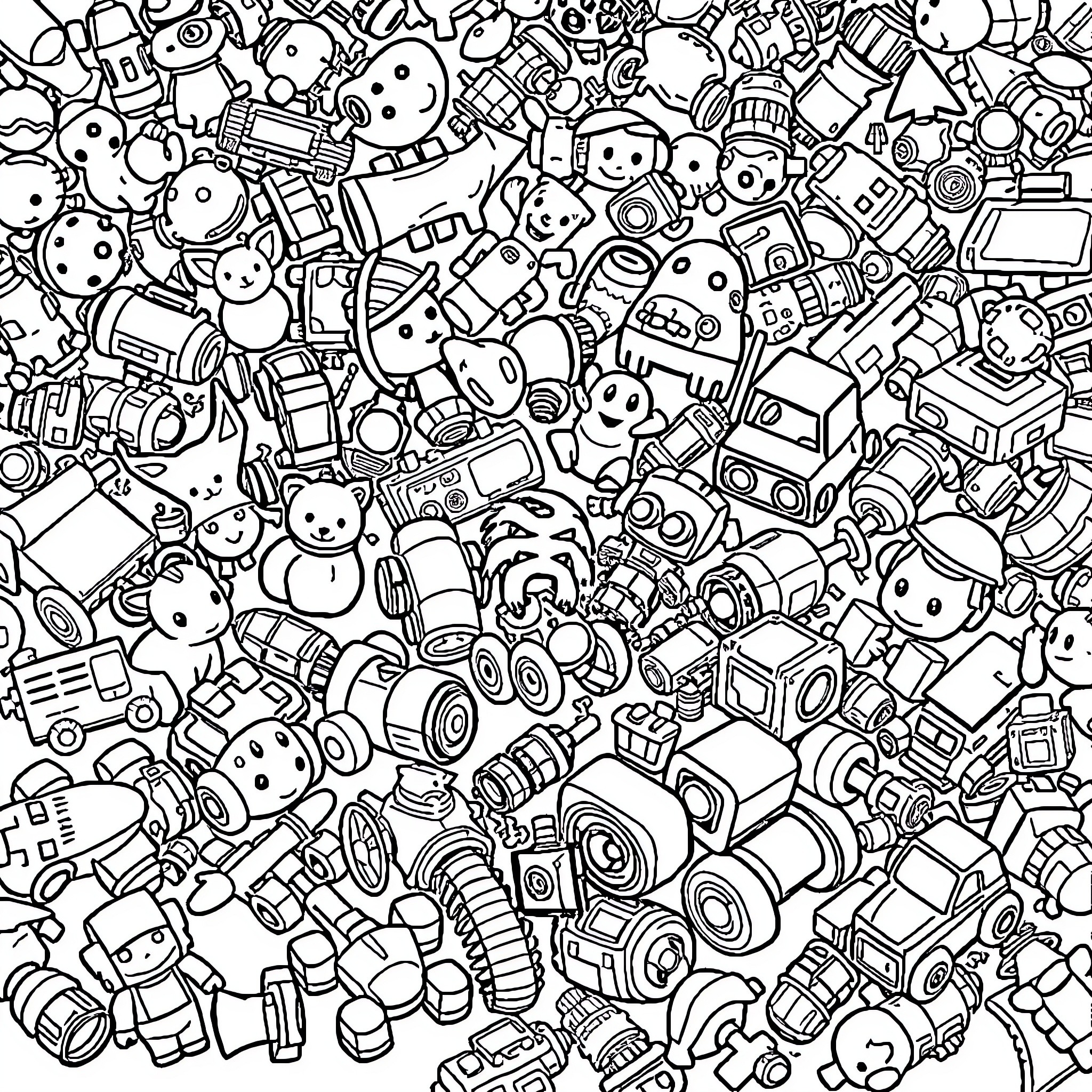 Toy Chaotic Collection of Cute Cartoon Characters Coloring Page (free black-and-white line drawing printable PDF for all, from beginners to advanced learners, including children, teens, adults, and seniors)
