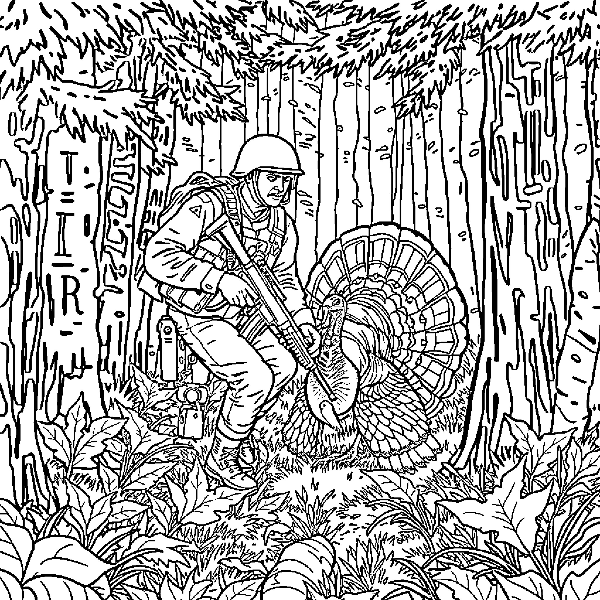 Marine Soldier Hunting Wild Turkey in Dense Jungle Coloring Page (free black-and-white line drawing printable PDF for all, from beginners to advanced learners, including children, teens, adults, and seniors)