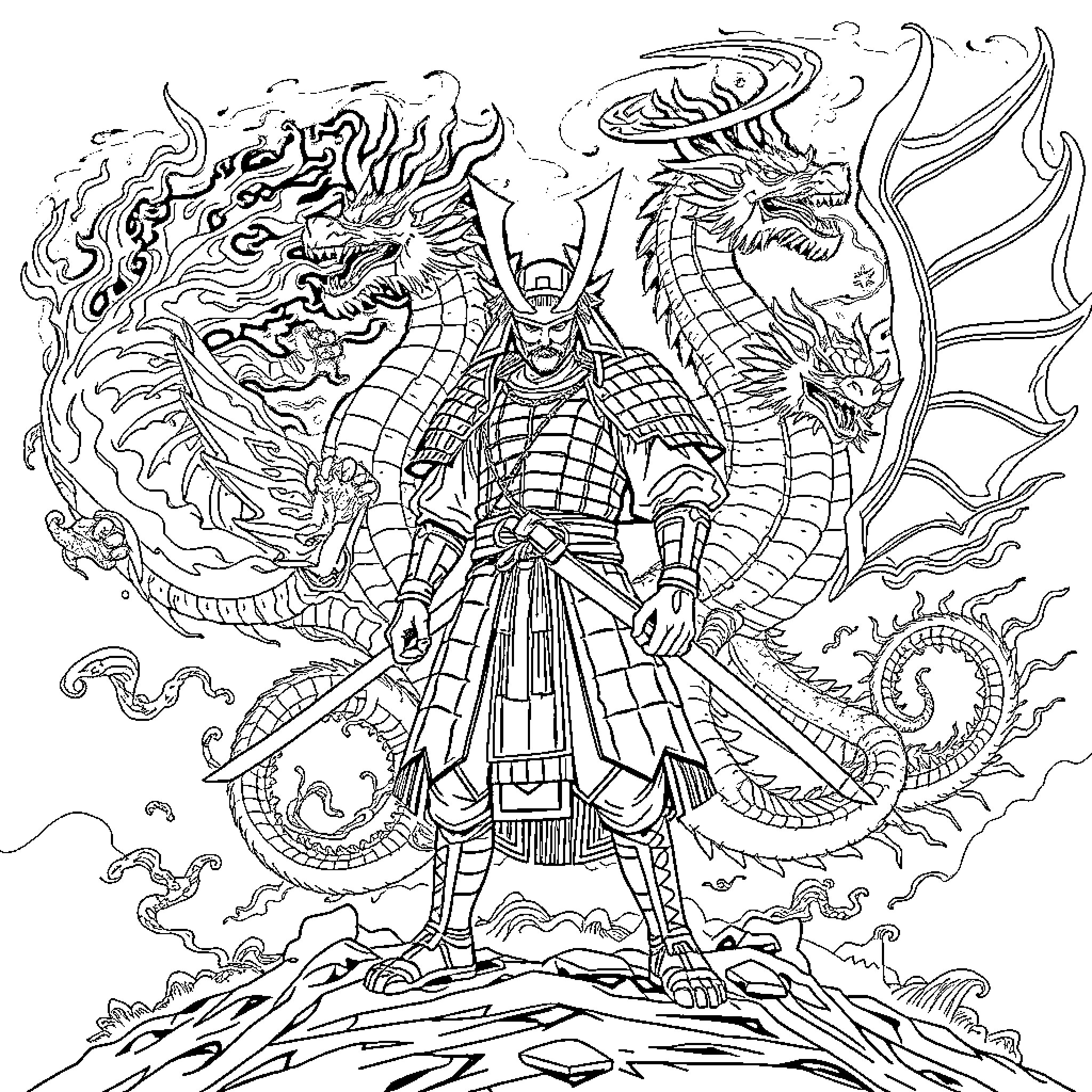 Samurai Warrior Battling Fierce Dragon Coloring Page (free black-and-white line drawing printable PDF for all, from beginners to advanced learners, including children, teens, adults, and seniors)