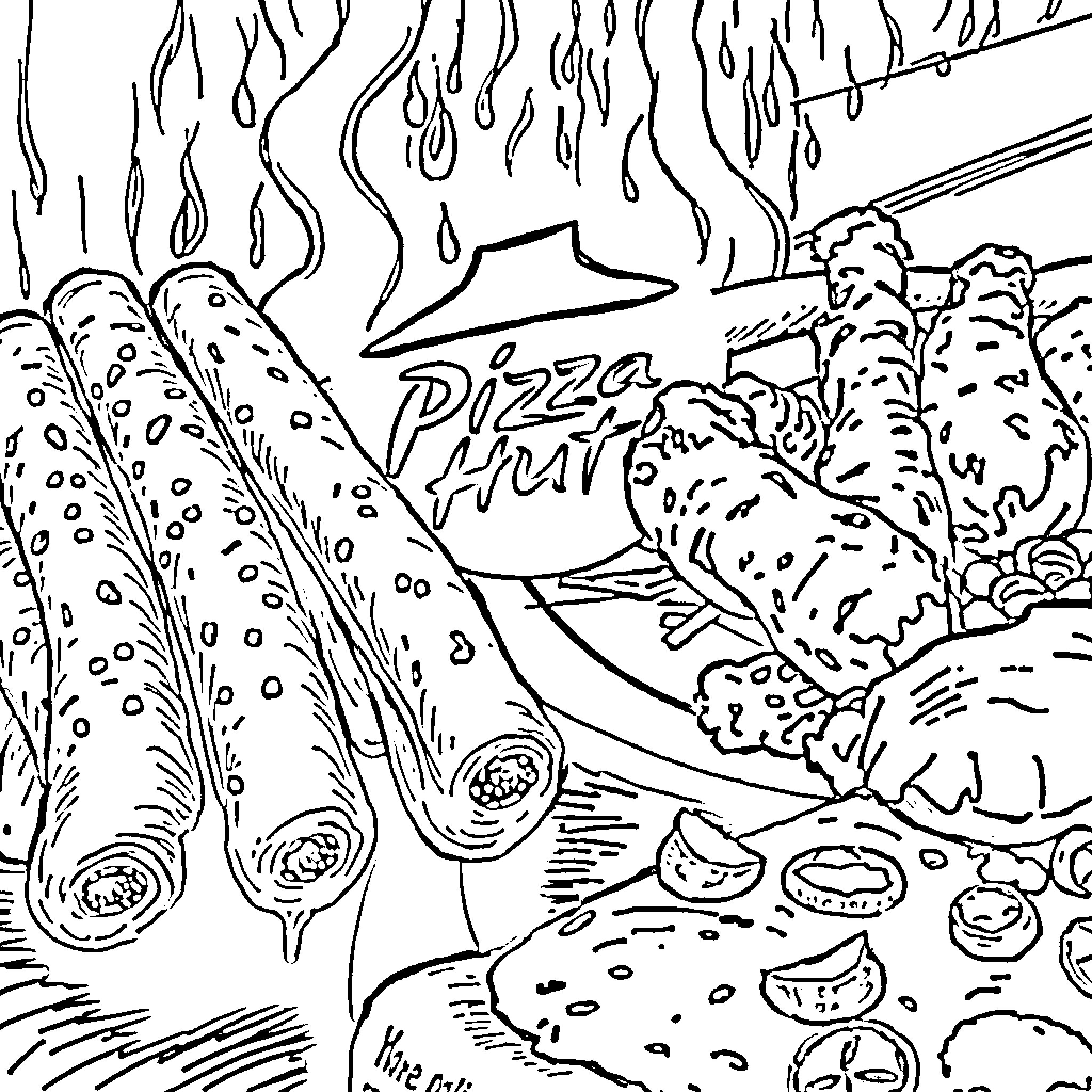 Pizza Party with Festive Decorations Coloring Page (free black-and-white line drawing printable PDF for all, from beginners to advanced learners, including children, teens, adults, and seniors)