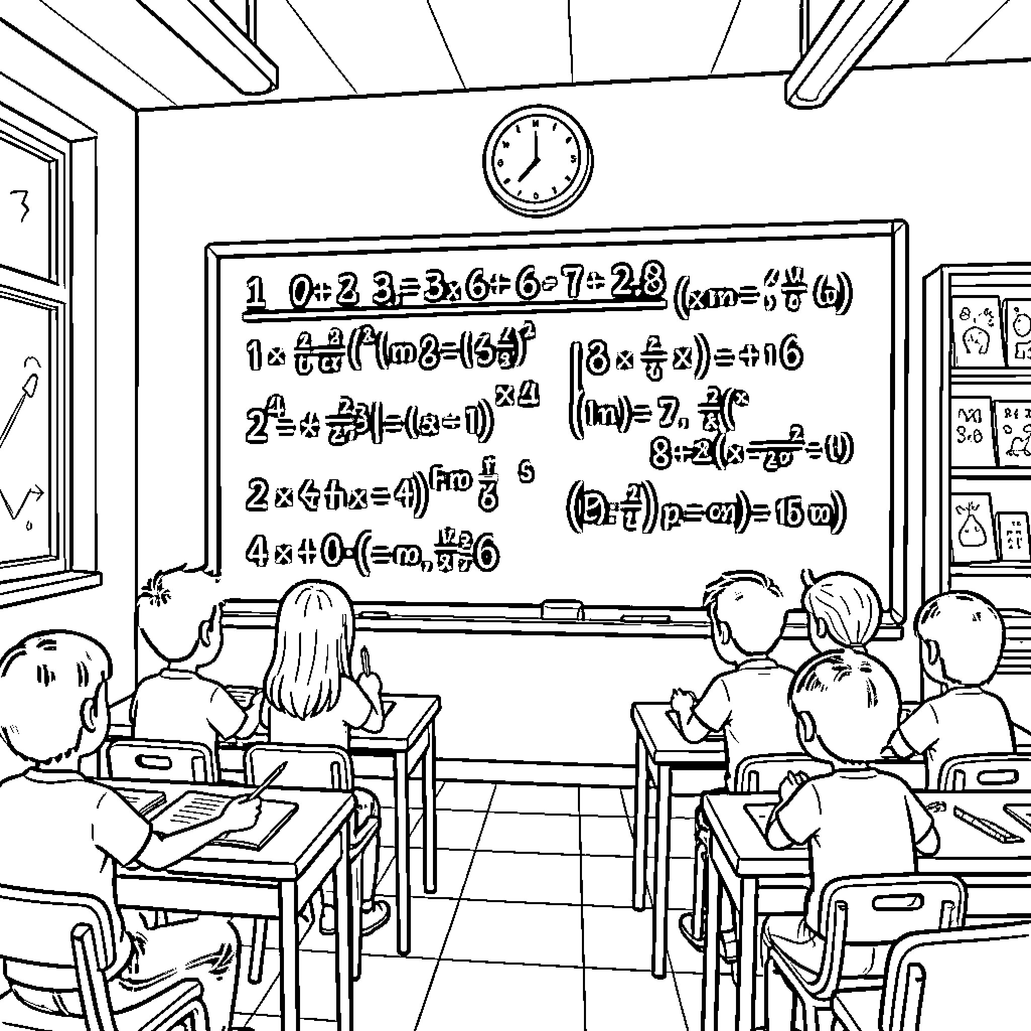 Mathematics classroom with blackboard equations Coloring Page (free black-and-white line drawing printable PDF for all, from beginners to advanced learners, including children, teens, adults, and seniors)