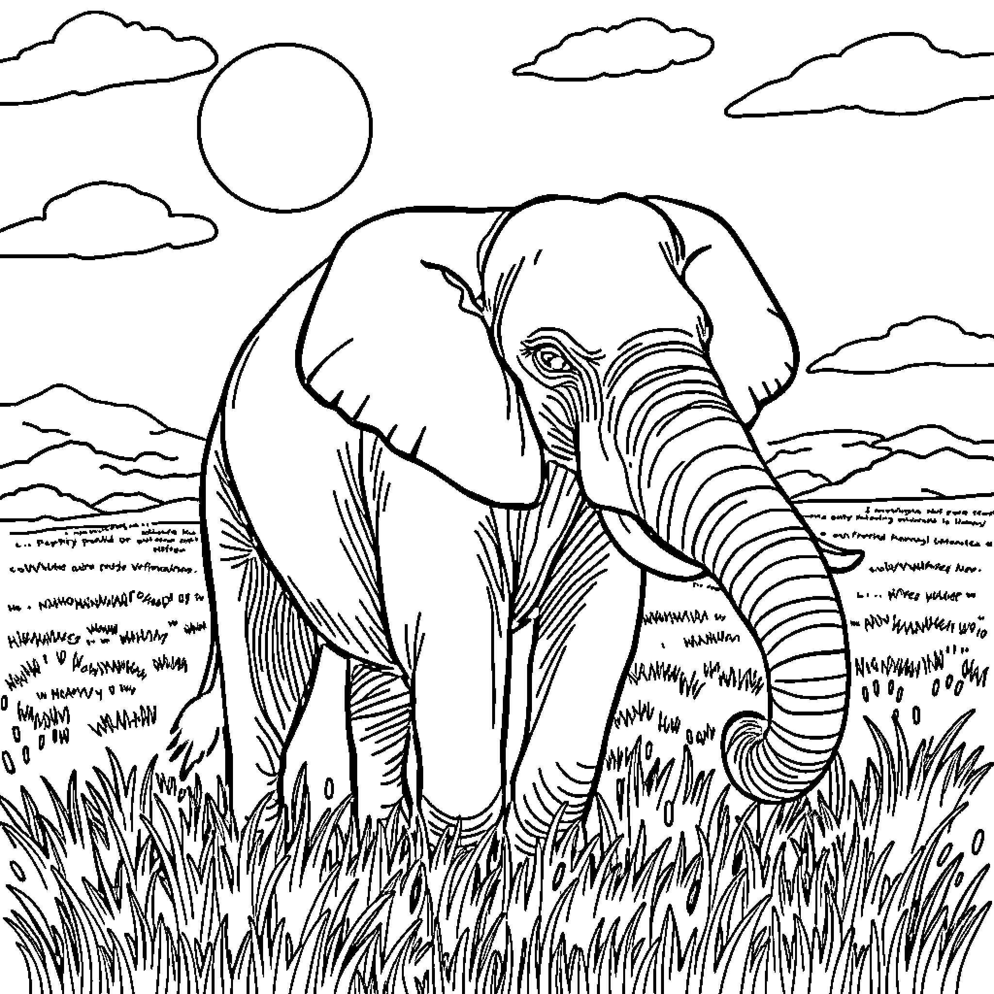 Elephant roaming in the grasslands Coloring Page (free black-and-white line drawing printable PDF for all, from beginners to advanced learners, including children, teens, adults, and seniors)
