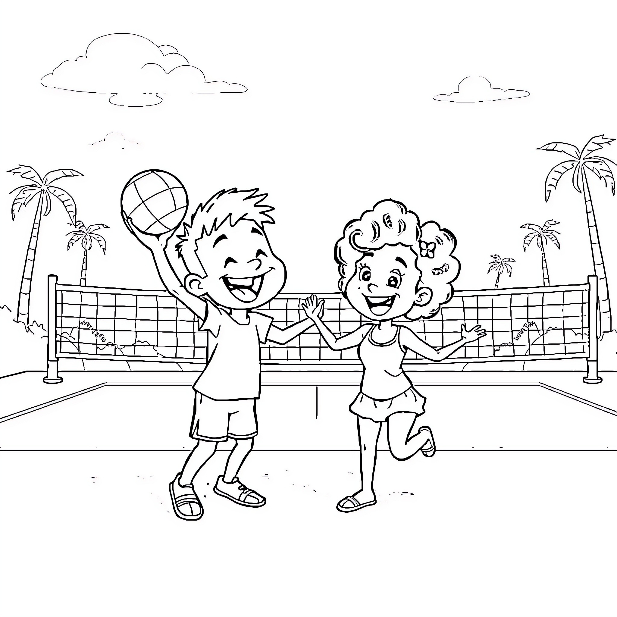 Bing Kids Playing Volleyball on the Beach Coloring Page (free black-and-white line drawing printable PDF for all, from beginners to advanced learners, including children, teens, adults, and seniors)