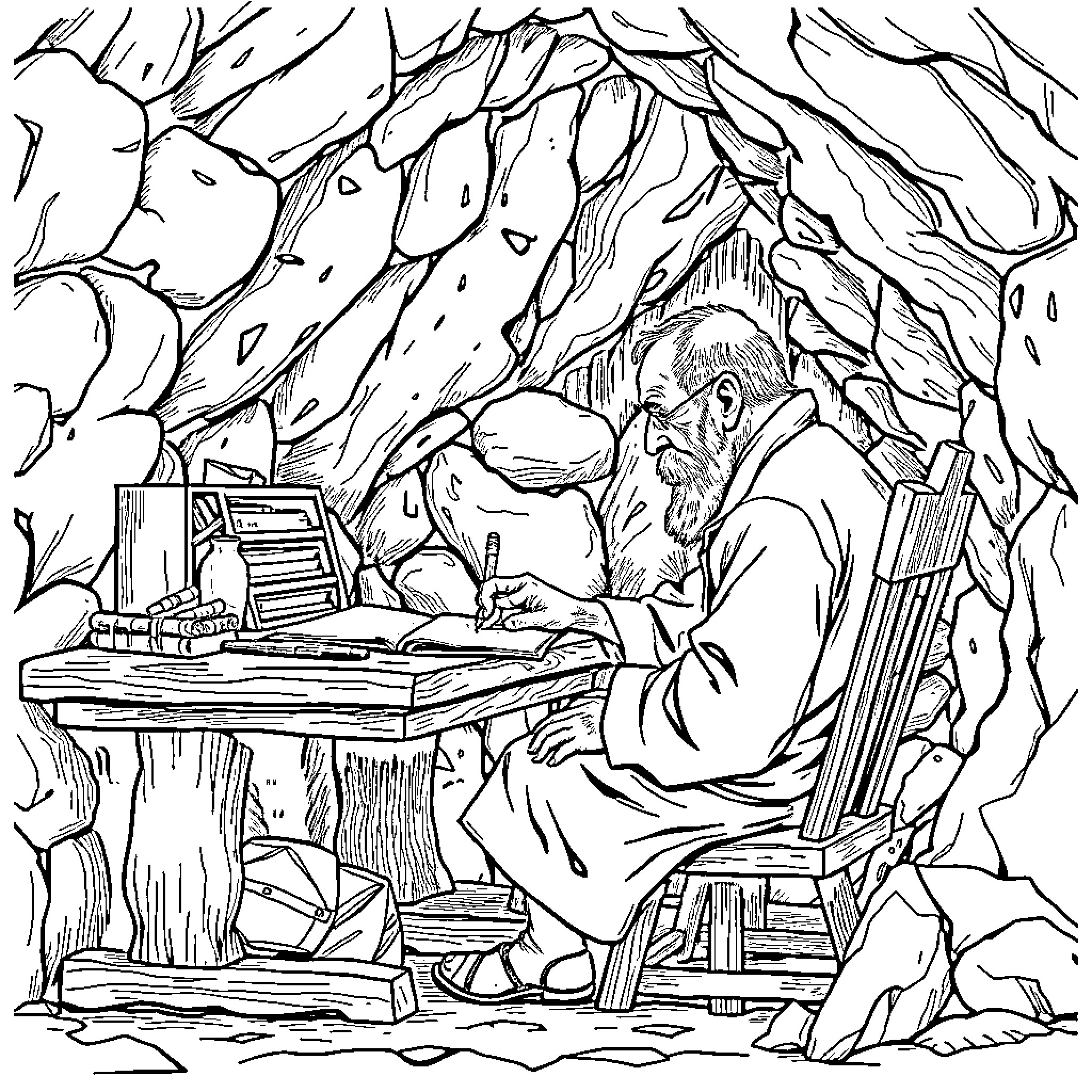 Writer Contemplating in Rugged Landscape Coloring Page (free black-and-white line drawing printable PDF for all, from beginners to advanced learners, including children, teens, adults, and seniors)