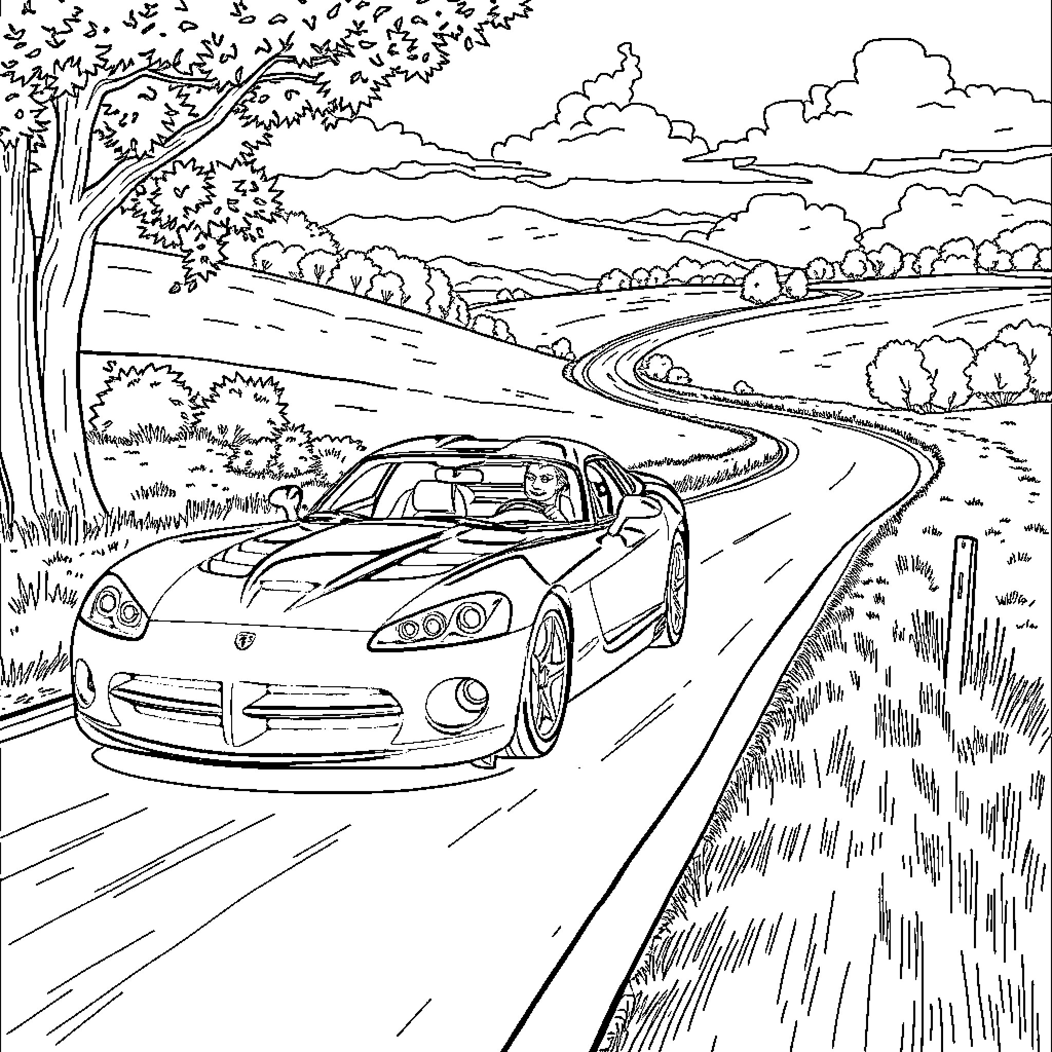 Dodge Viper speeding through the countryside Coloring Page (free black-and-white line drawing printable PDF for all, from beginners to advanced learners, including children, teens, adults, and seniors)