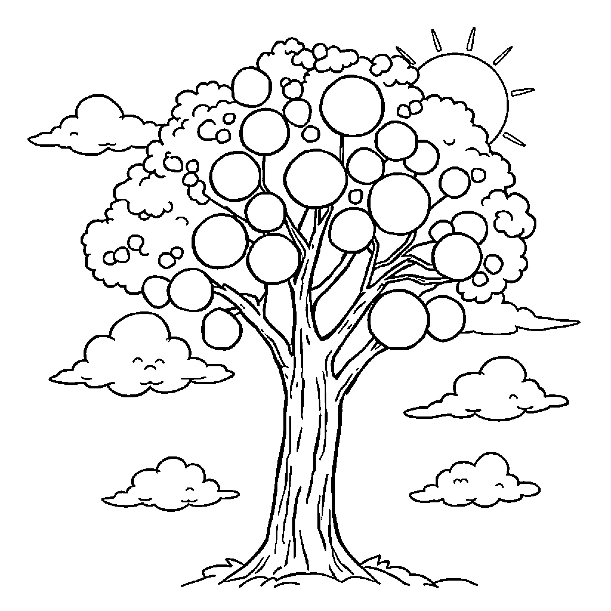 Marula Tree with Whimsical Bubbles Coloring Page (free black-and-white line drawing printable PDF for all, from beginners to advanced learners, including children, teens, adults, and seniors)