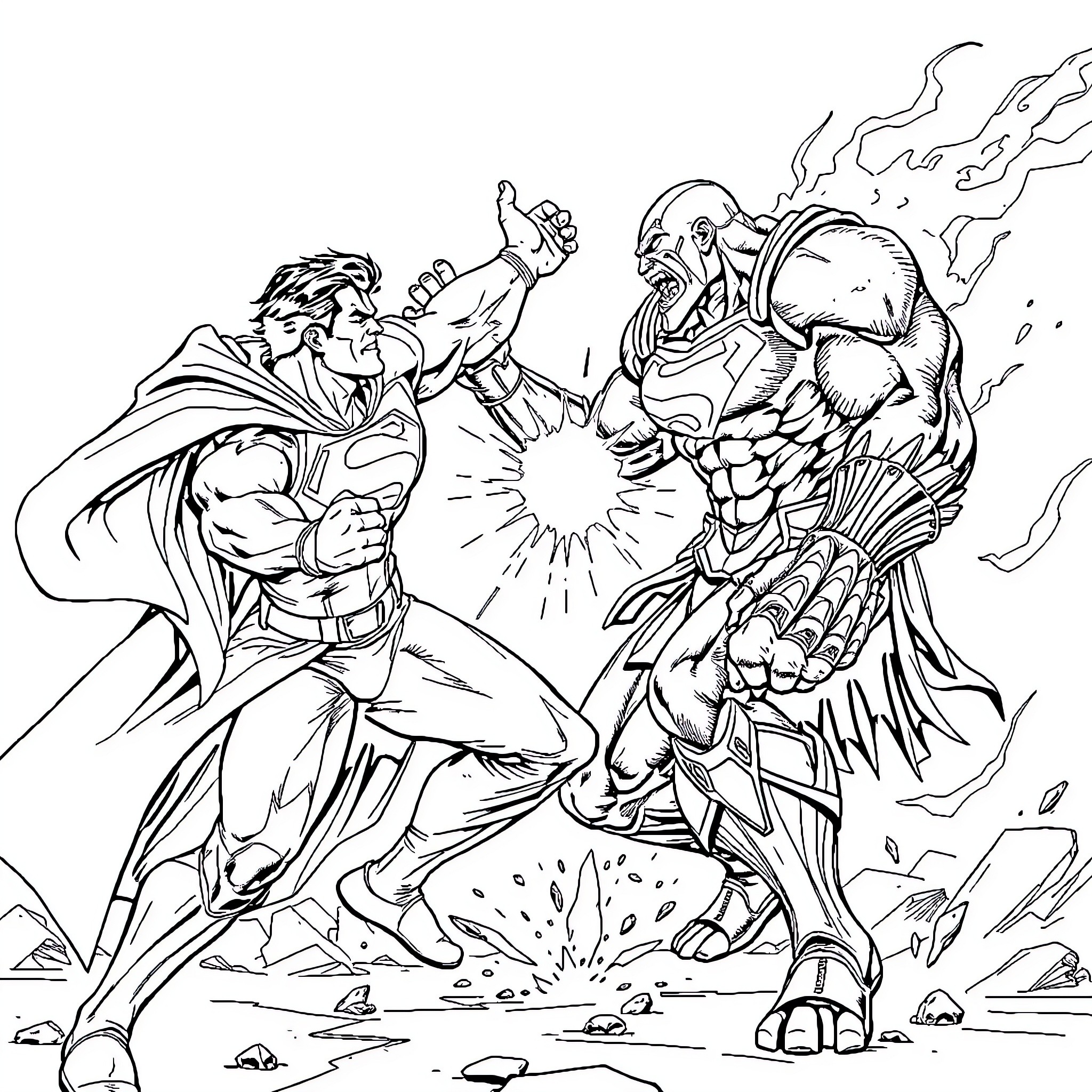 Superman's Heroic Clash with a Powerful Foe Coloring Page (free black-and-white line drawing printable PDF for all, from beginners to advanced learners, including children, teens, adults, and seniors)