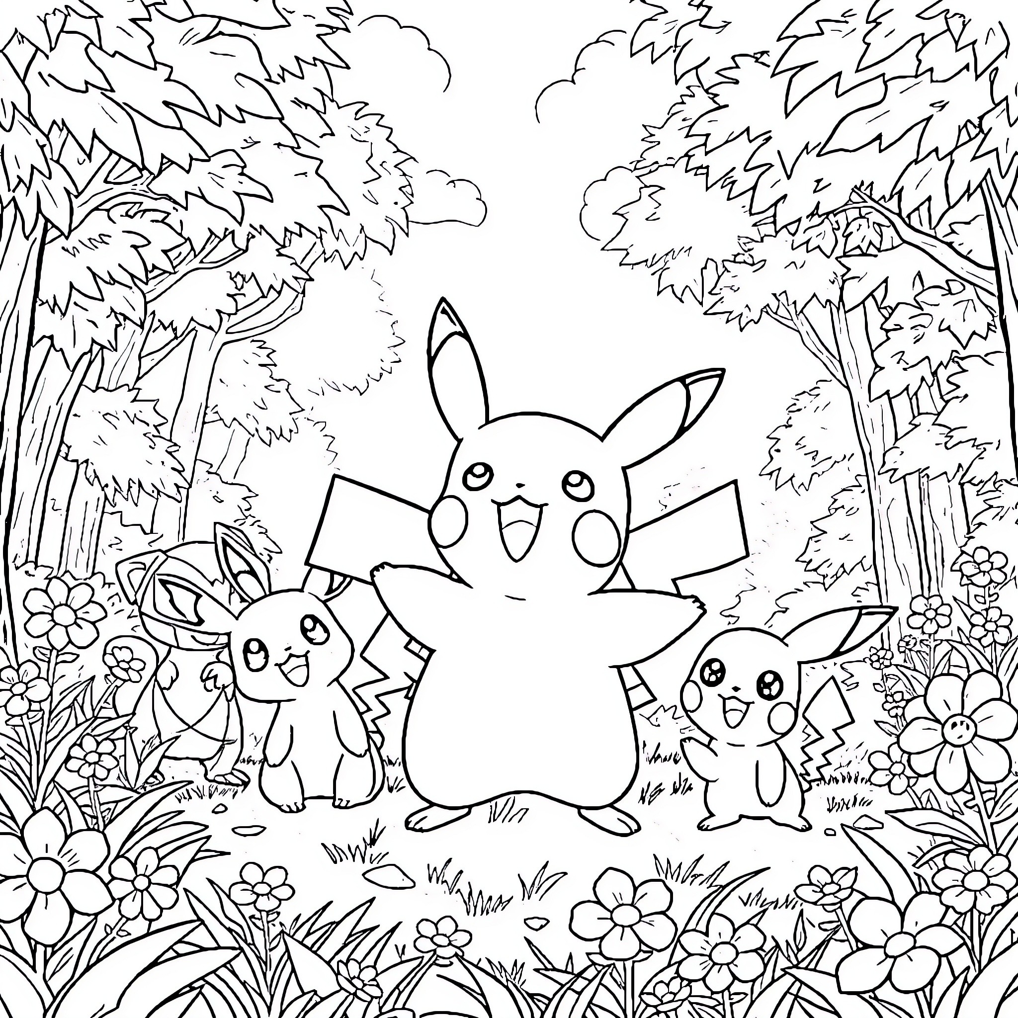 Pikachu and Friends Explore the Enchanted Forest Coloring Page (free black-and-white line drawing printable PDF for all, from beginners to advanced learners, including children, teens, adults, and seniors)