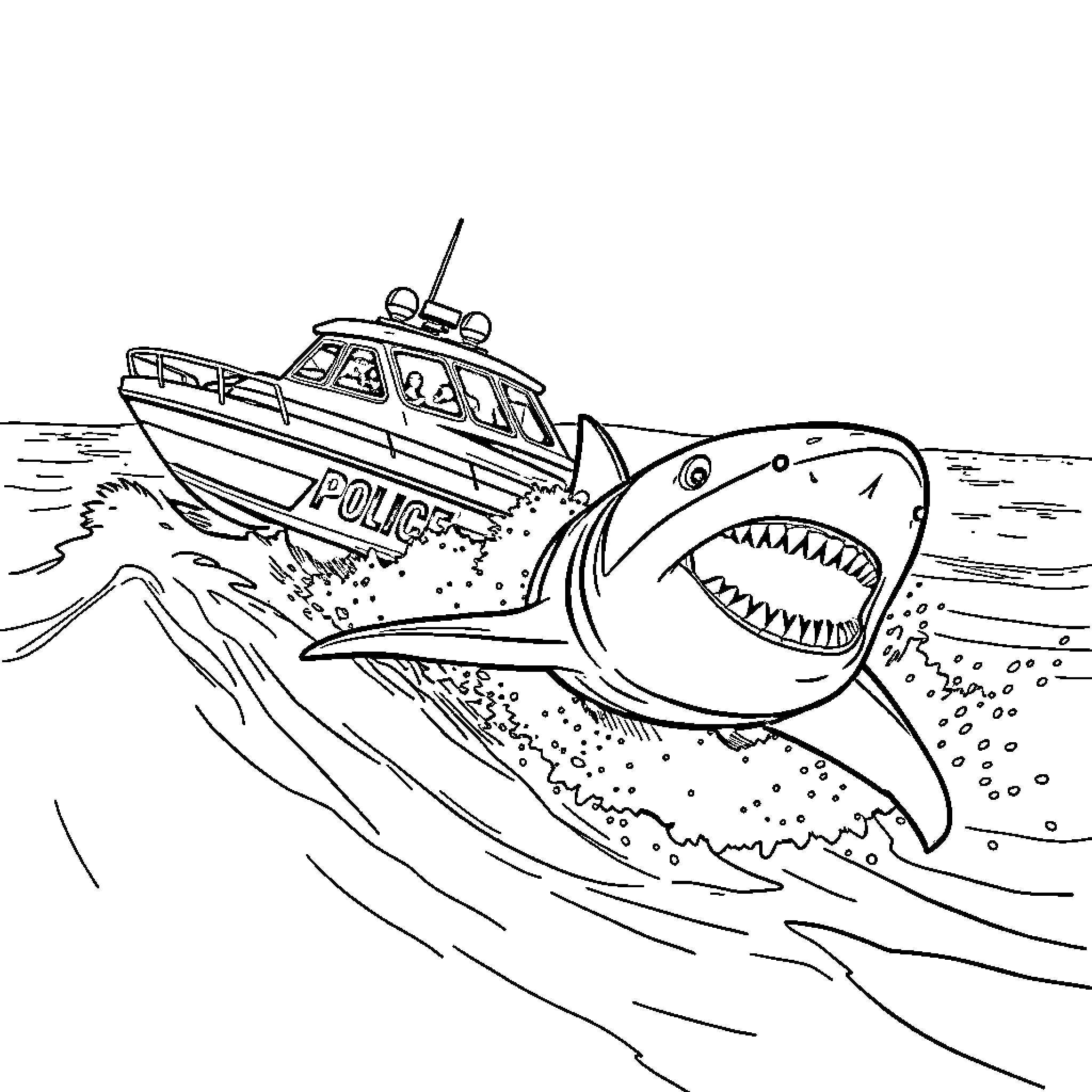Police Boat Chasing Aggressive Shark in the Water Coloring Page (free black-and-white line drawing printable PDF for all, from beginners to advanced learners, including children, teens, adults, and seniors)