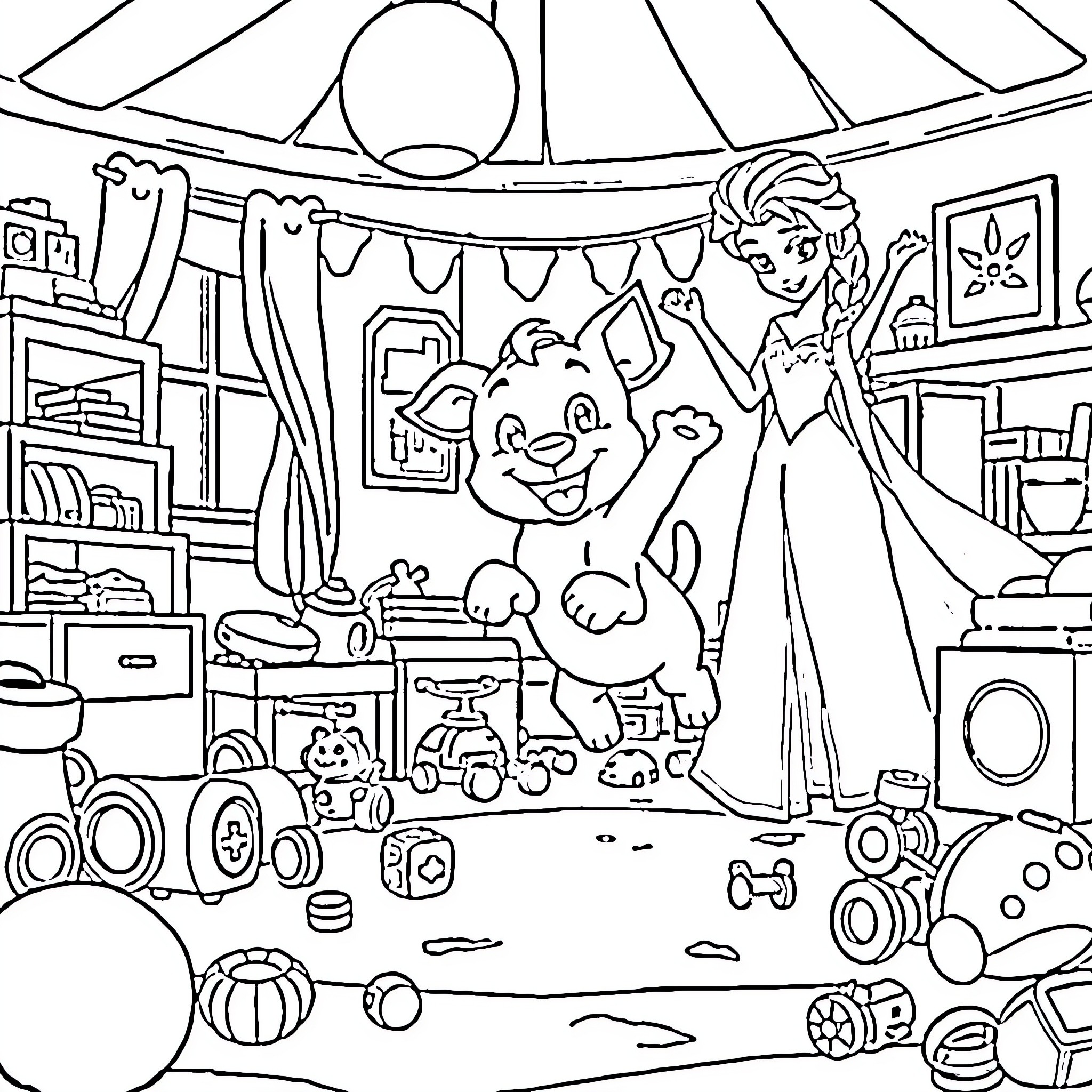Bluey and friends explore the playroom Coloring Page (free black-and-white line drawing printable PDF for all, from beginners to advanced learners, including children, teens, adults, and seniors)
