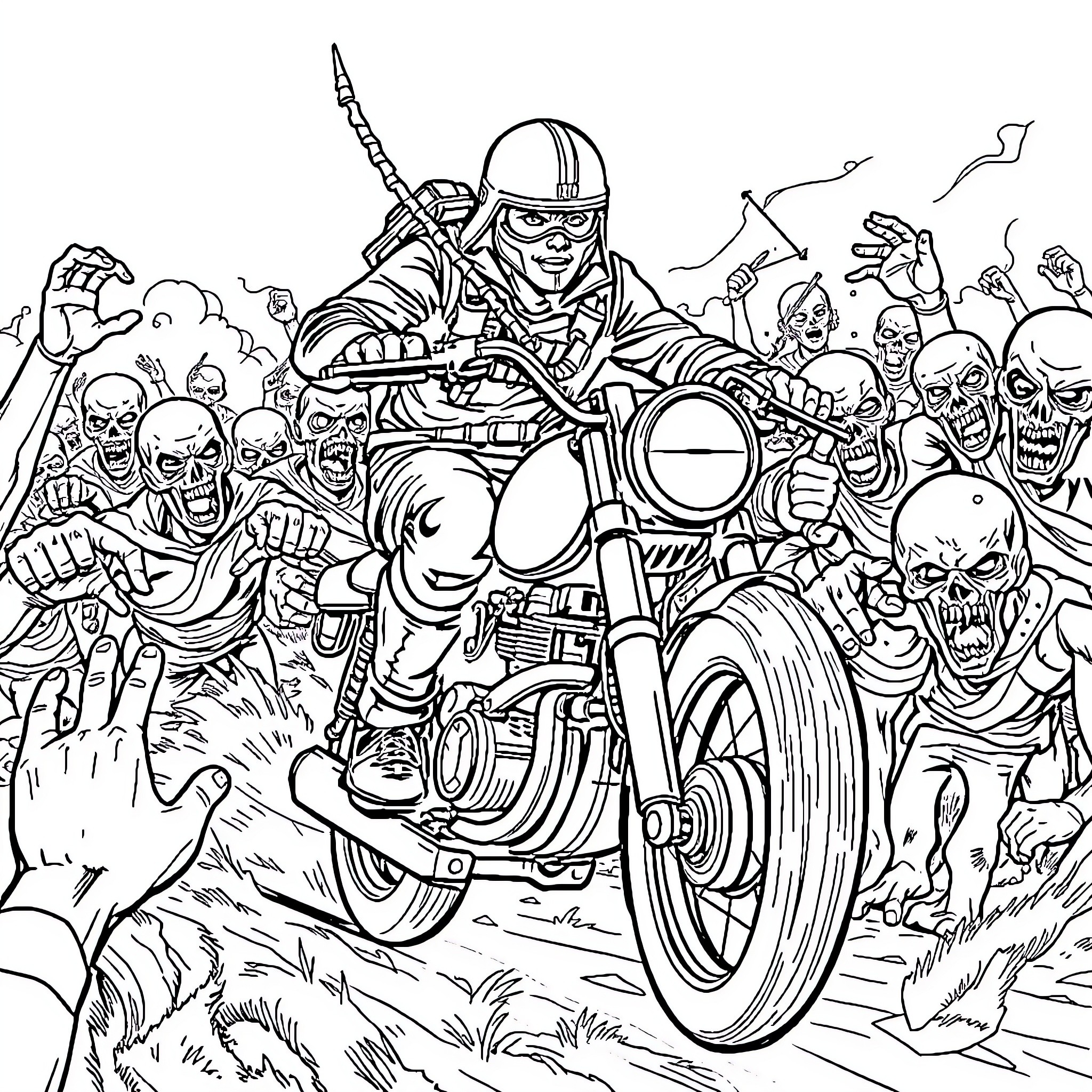 Hunter fighting through a horde of zombies on a motorcycle Coloring Page (free black-and-white line drawing printable PDF for all, from beginners to advanced learners, including children, teens, adults, and seniors)