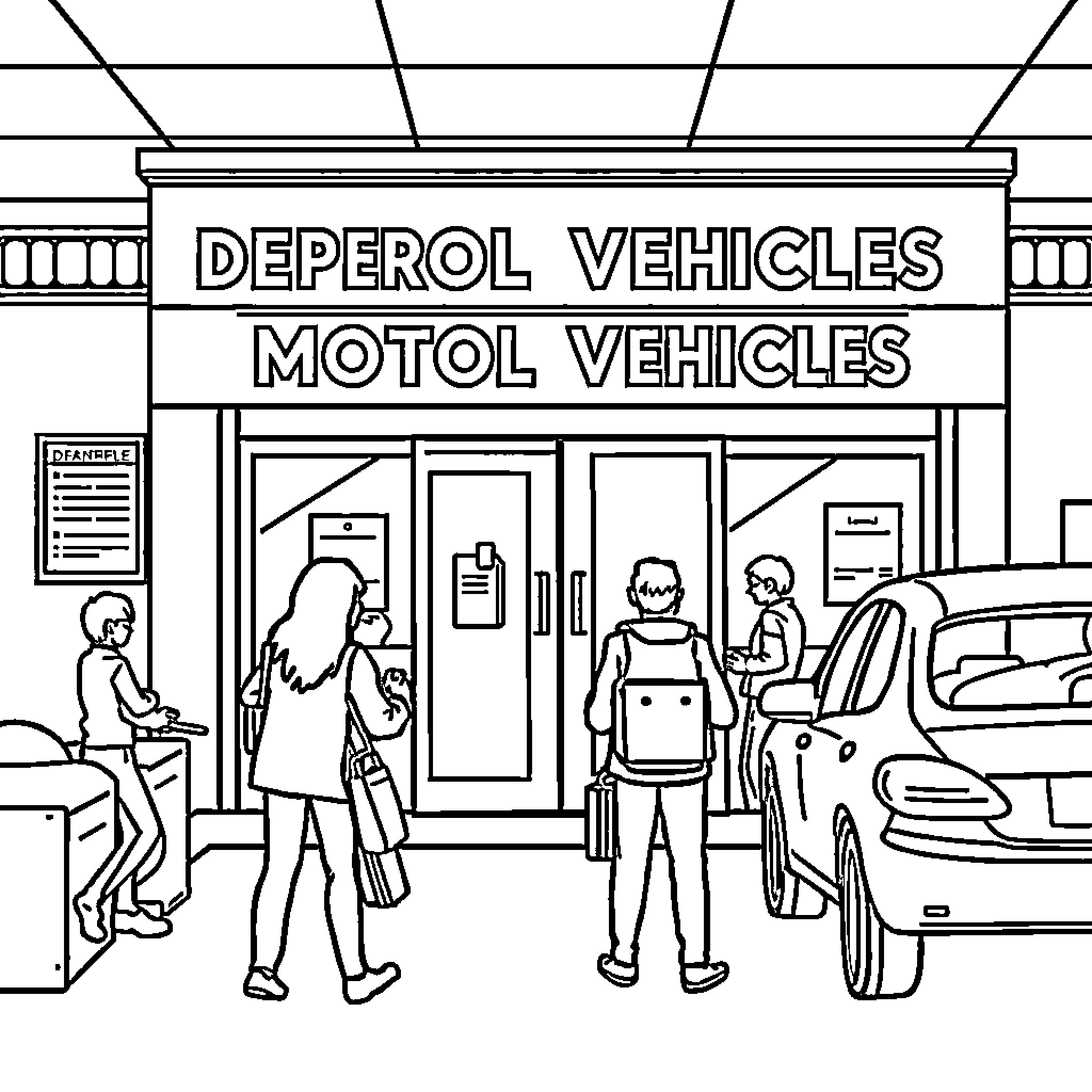 Department Of Motor Vehicles: People Visiting Vehicle Dealership Coloring Page (free black-and-white line drawing printable PDF for all, from beginners to advanced learners, including children, teens, adults, and seniors)