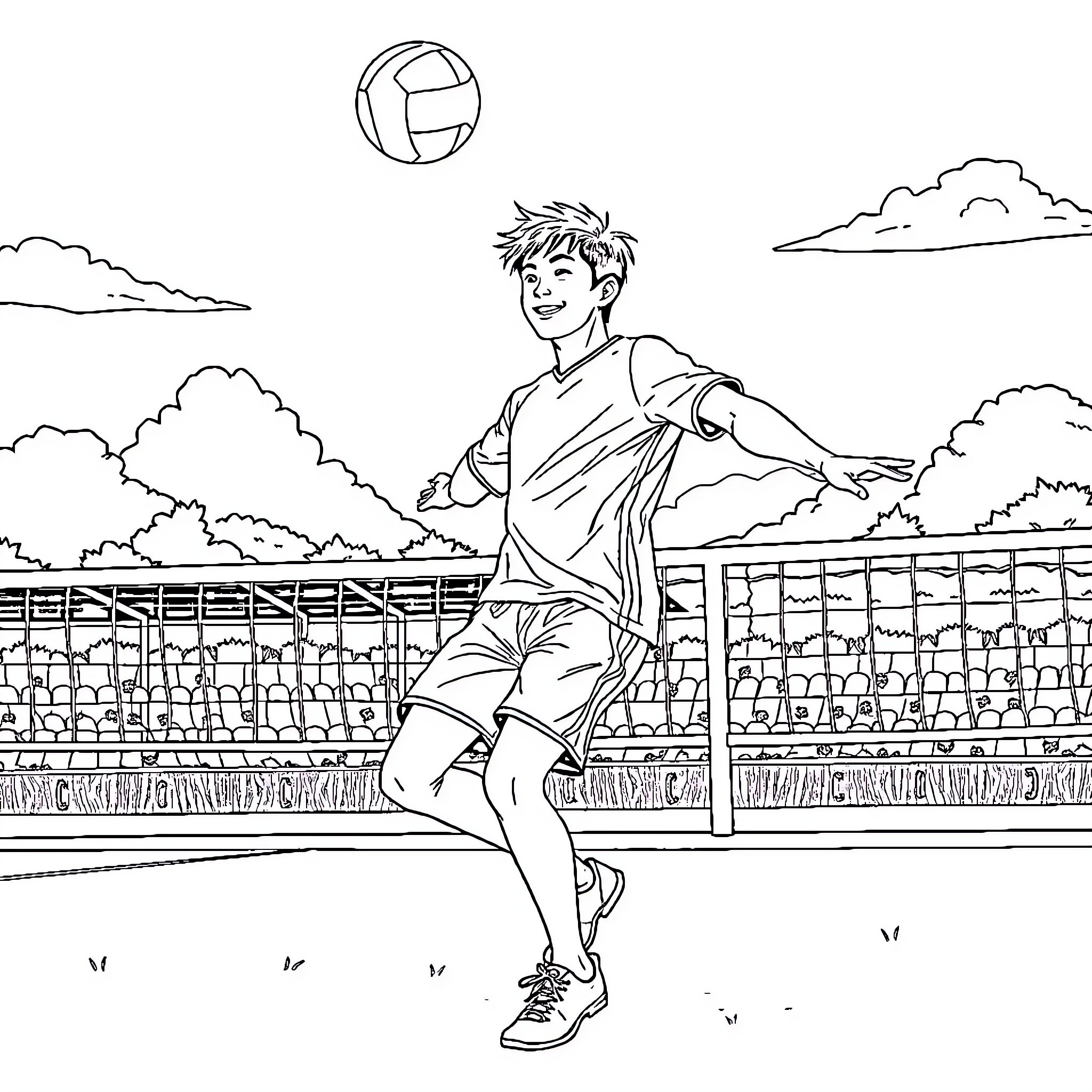 Sung Jin Woo playing volleyball on the court Coloring Page (free black-and-white line drawing printable PDF for all, from beginners to advanced learners, including children, teens, adults, and seniors)