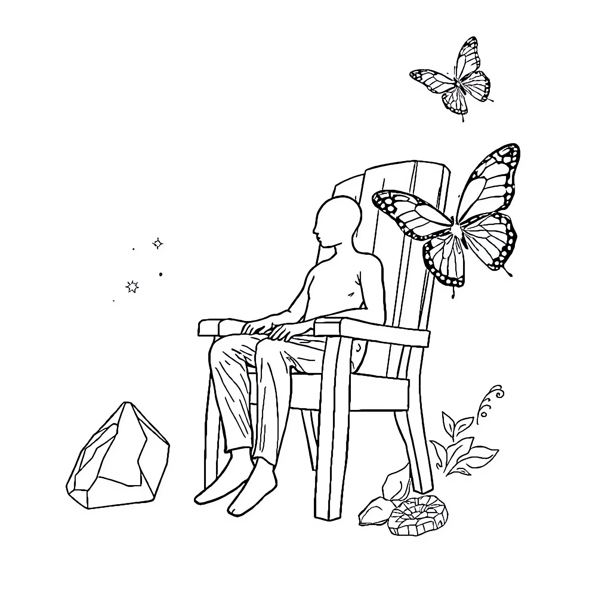 Cadeira com figuras e borboletas em cena natural Coloring Page (free black-and-white line drawing printable PDF for all, from beginners to advanced learners, including children, teens, adults, and seniors)