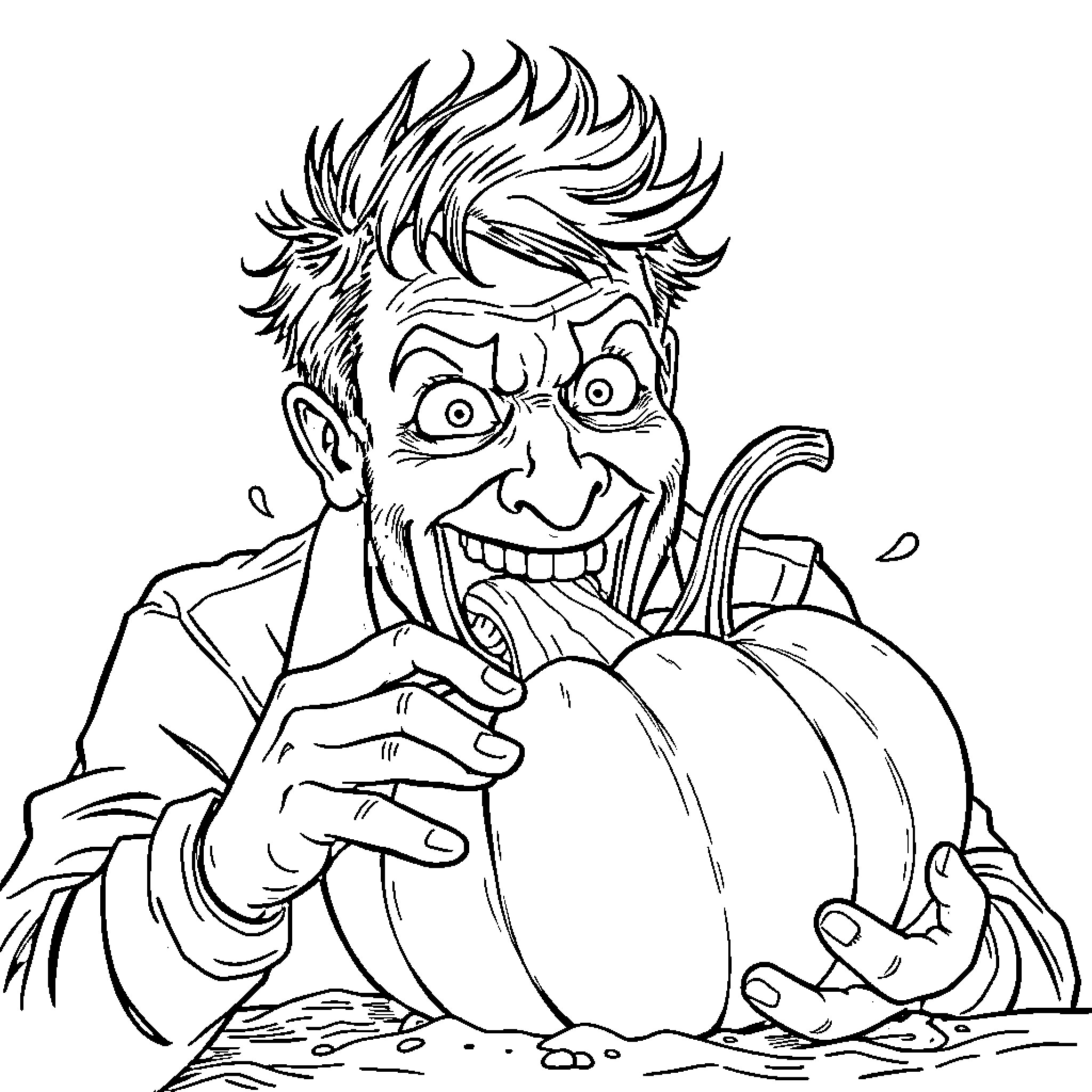 Man carving a pumpkin with a mischievous expression Coloring Page (free black-and-white line drawing printable PDF for all, from beginners to advanced learners, including children, teens, adults, and seniors)