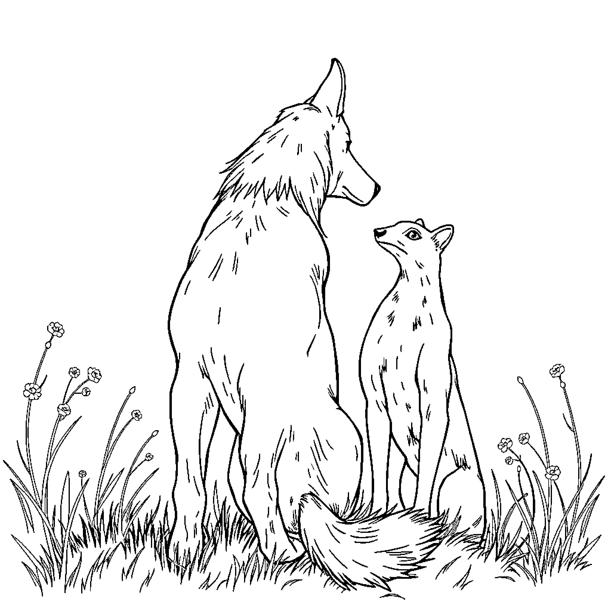 Dog and Pup Exploring the Wilderness Coloring Page (free black-and-white line drawing printable PDF for all, from beginners to advanced learners, including children, teens, adults, and seniors)