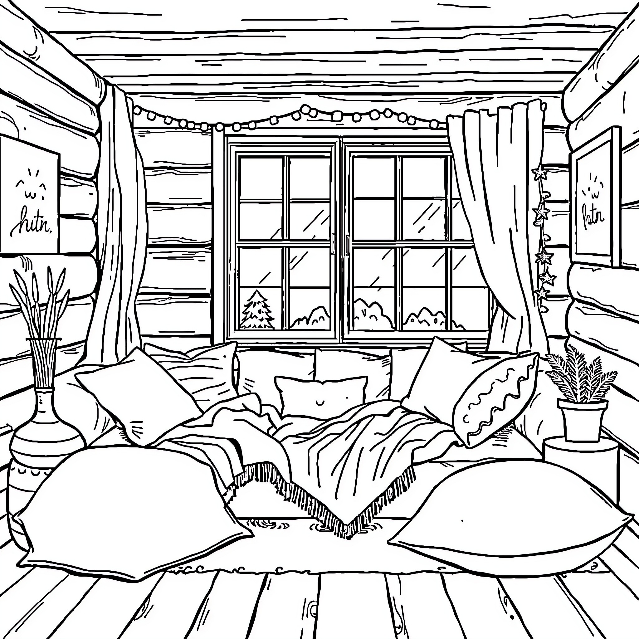 Cozy Winter Cabin Getaway Coloring Page (free black-and-white line drawing printable PDF for all, from beginners to advanced learners, including children, teens, adults, and seniors)