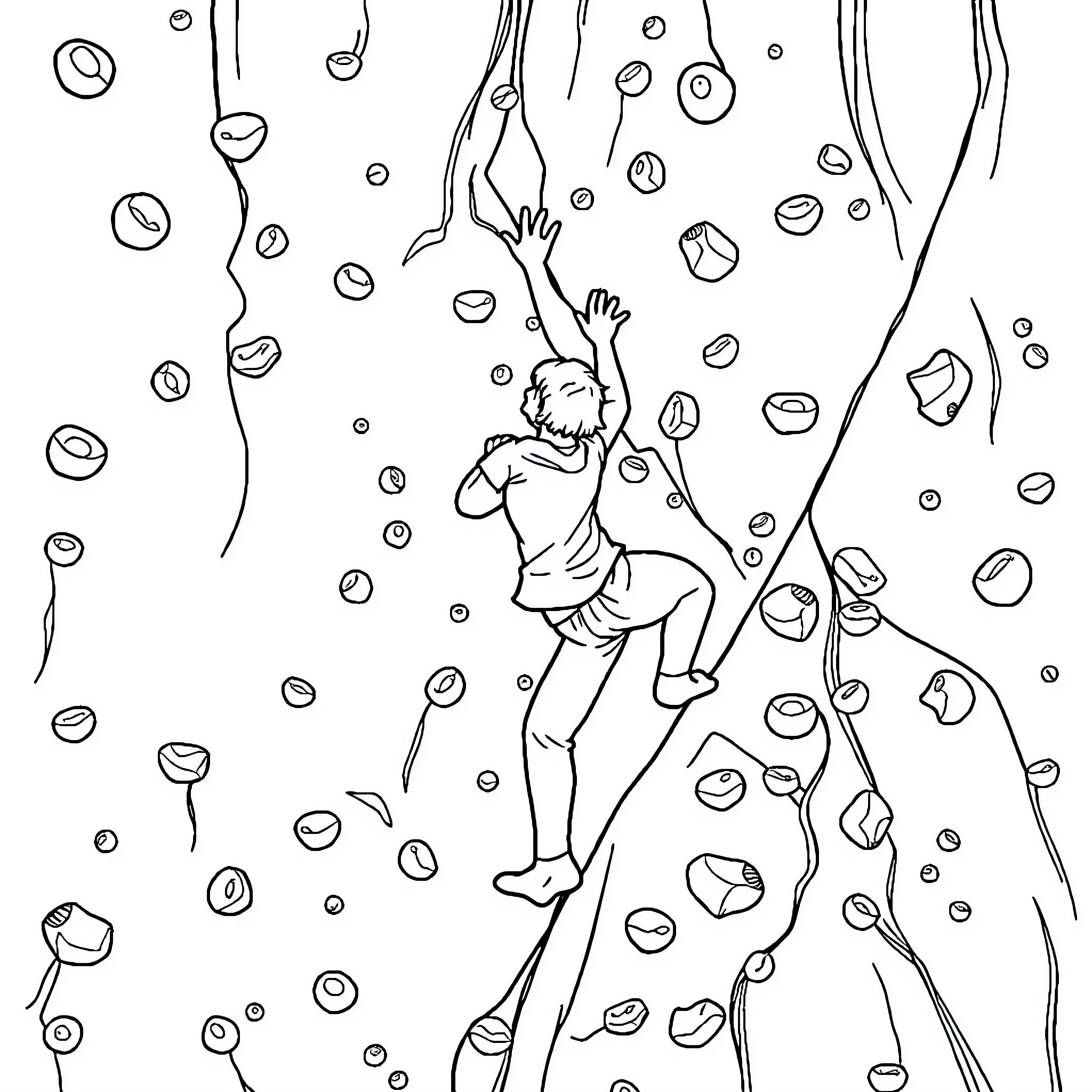 Person climbing up rocks in an abstract environment Coloring Page (free black-and-white line drawing printable PDF for all, from beginners to advanced learners, including children, teens, adults, and seniors)