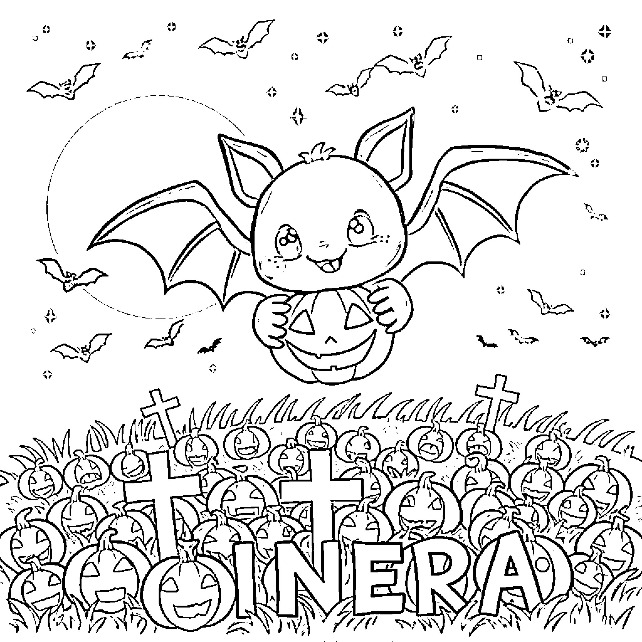 Bat holding pumpkin in Halloween night Coloring Page (free black-and-white line drawing printable PDF for all, from beginners to advanced learners, including children, teens, adults, and seniors)