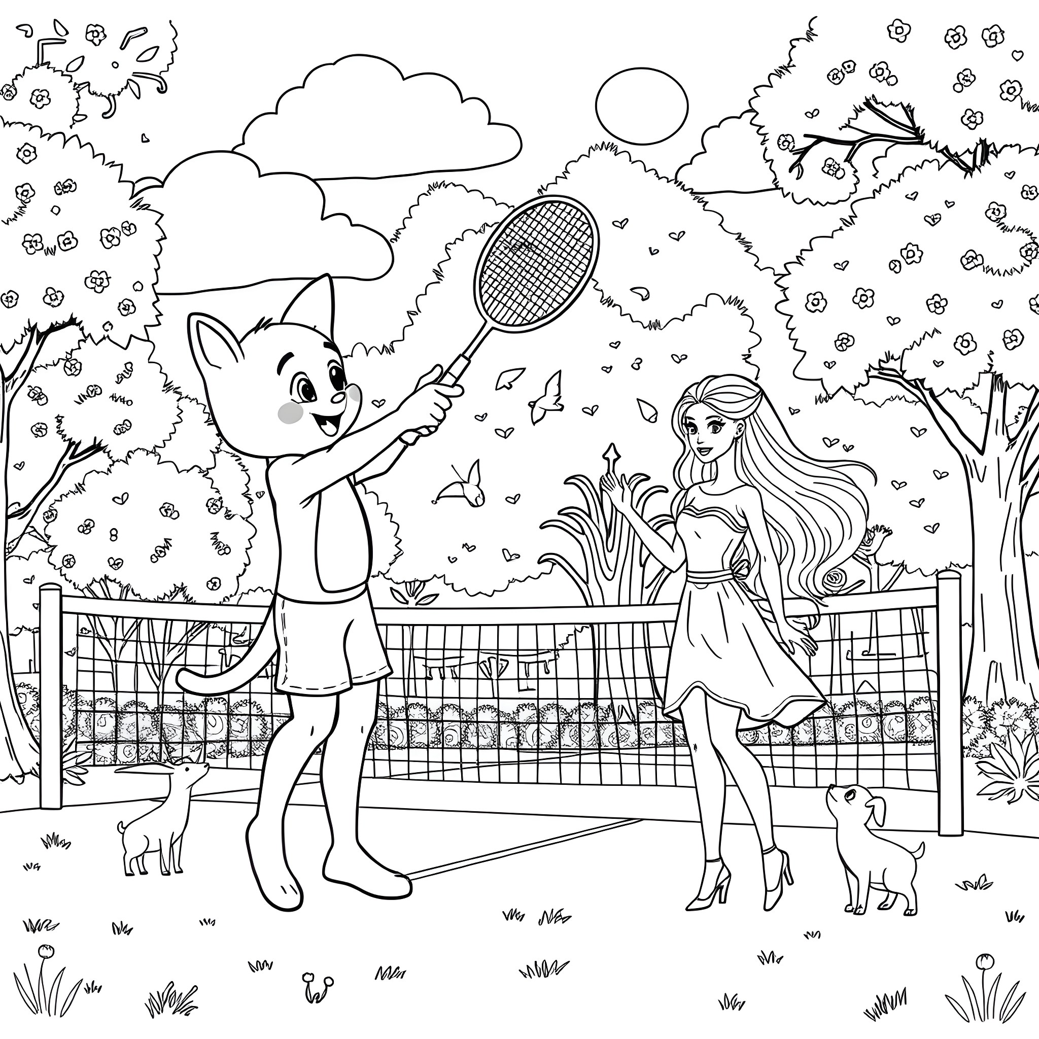 Bluey enjoying a game of tennis with a friend in the park Coloring Page (free black-and-white line drawing printable PDF for all, from beginners to advanced learners, including children, teens, adults, and seniors)