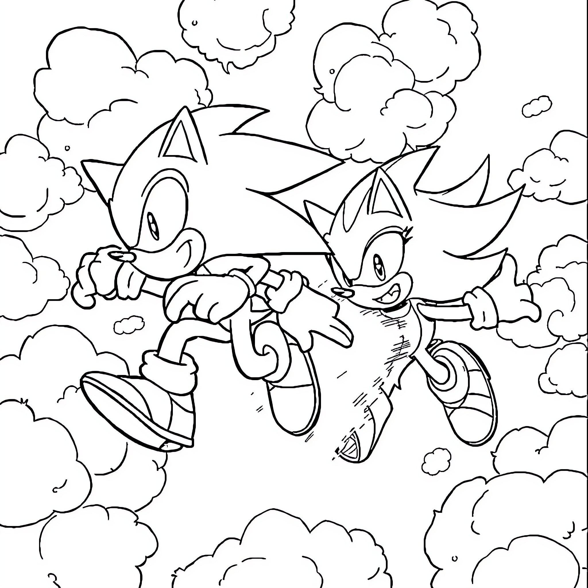 Sonic and Friends Racing Through the Clouds Coloring Page (free black-and-white line drawing printable PDF for all, from beginners to advanced learners, including children, teens, adults, and seniors)