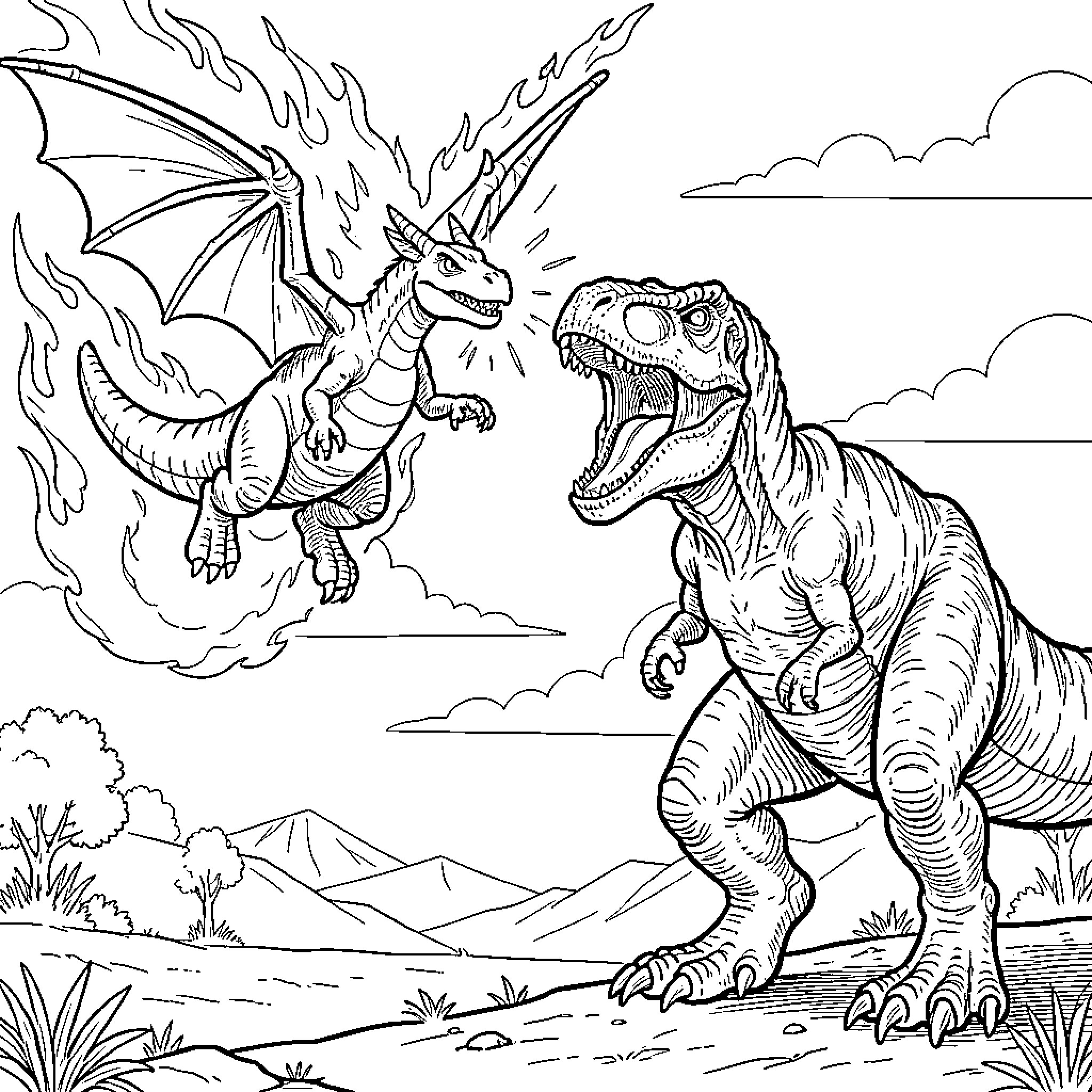 Charizard battling against a Tyrannosaurus Rex Coloring Page (free black-and-white line drawing printable PDF for all, from beginners to advanced learners, including children, teens, adults, and seniors)