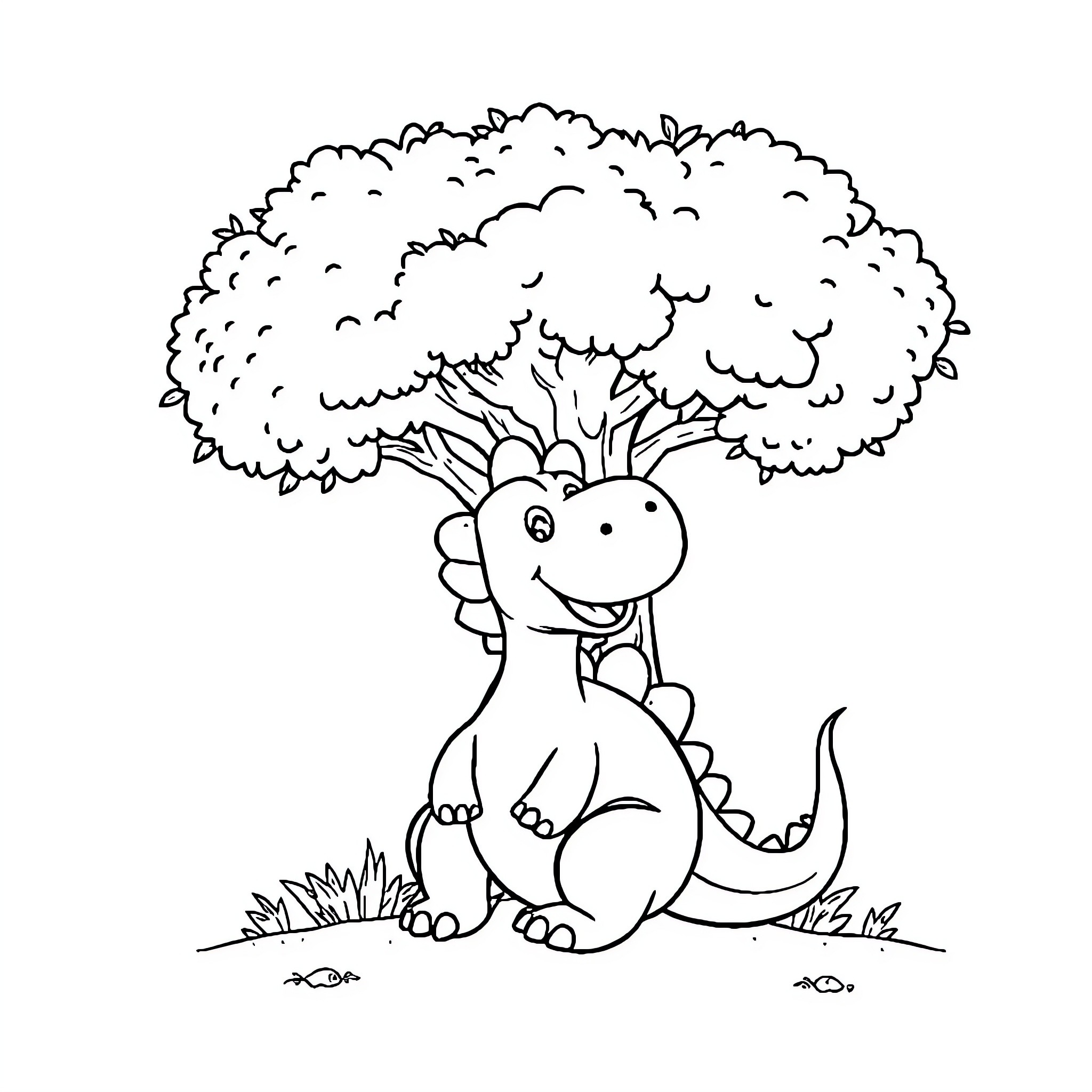 Dinosaur resting under a tree Coloring Page (free black-and-white line drawing printable PDF for all, from beginners to advanced learners, including children, teens, adults, and seniors)