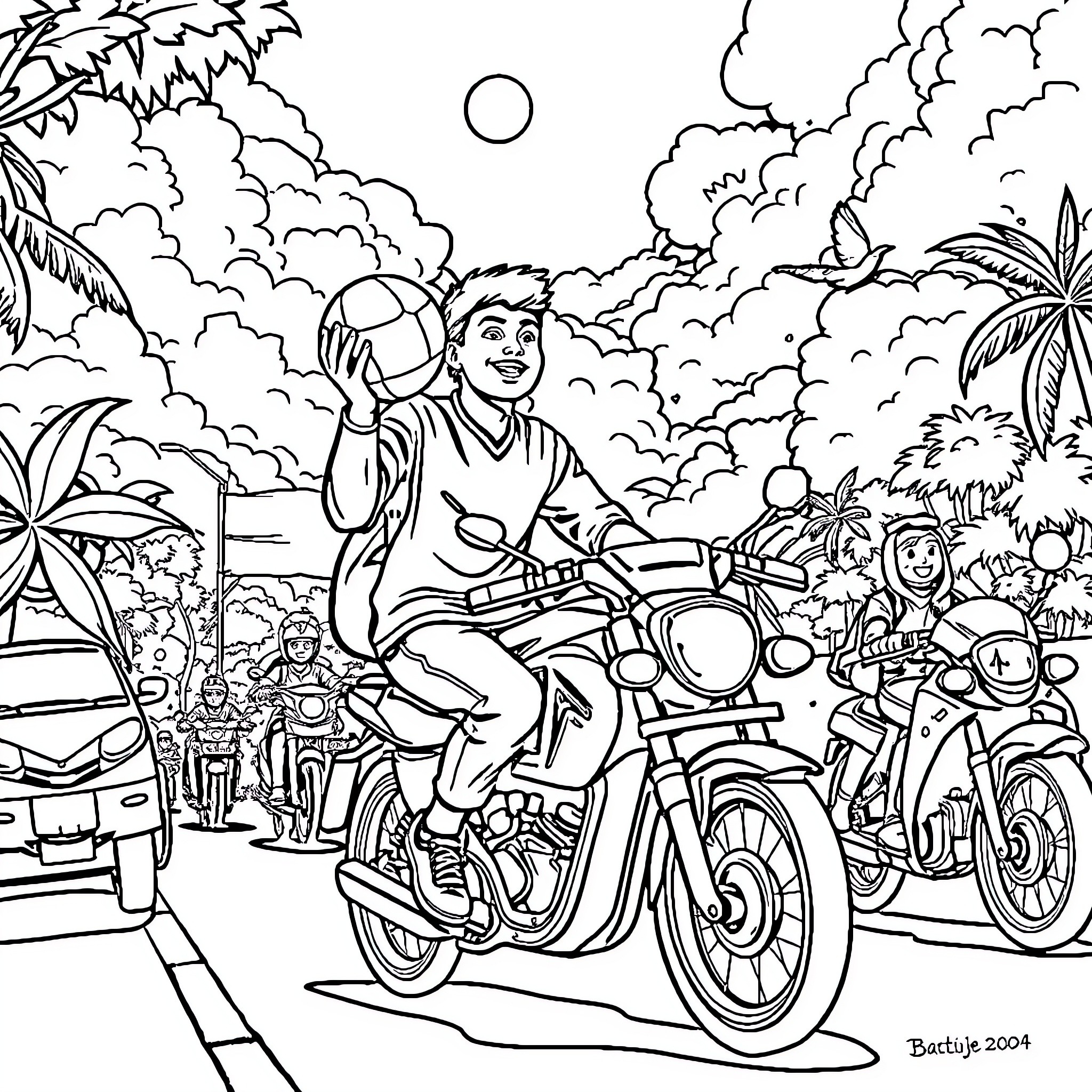 Bola Voli: Lively Volleyball Match in Tropical Setting Coloring Page (free black-and-white line drawing printable PDF for all, from beginners to advanced learners, including children, teens, adults, and seniors)