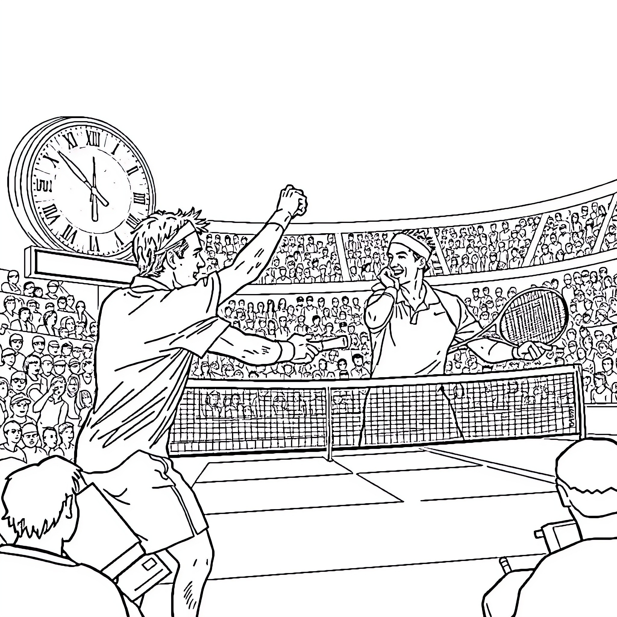Tennis Match with Intense Expressions and Energy Coloring Page (free black-and-white line drawing printable PDF for all, from beginners to advanced learners, including children, teens, adults, and seniors)