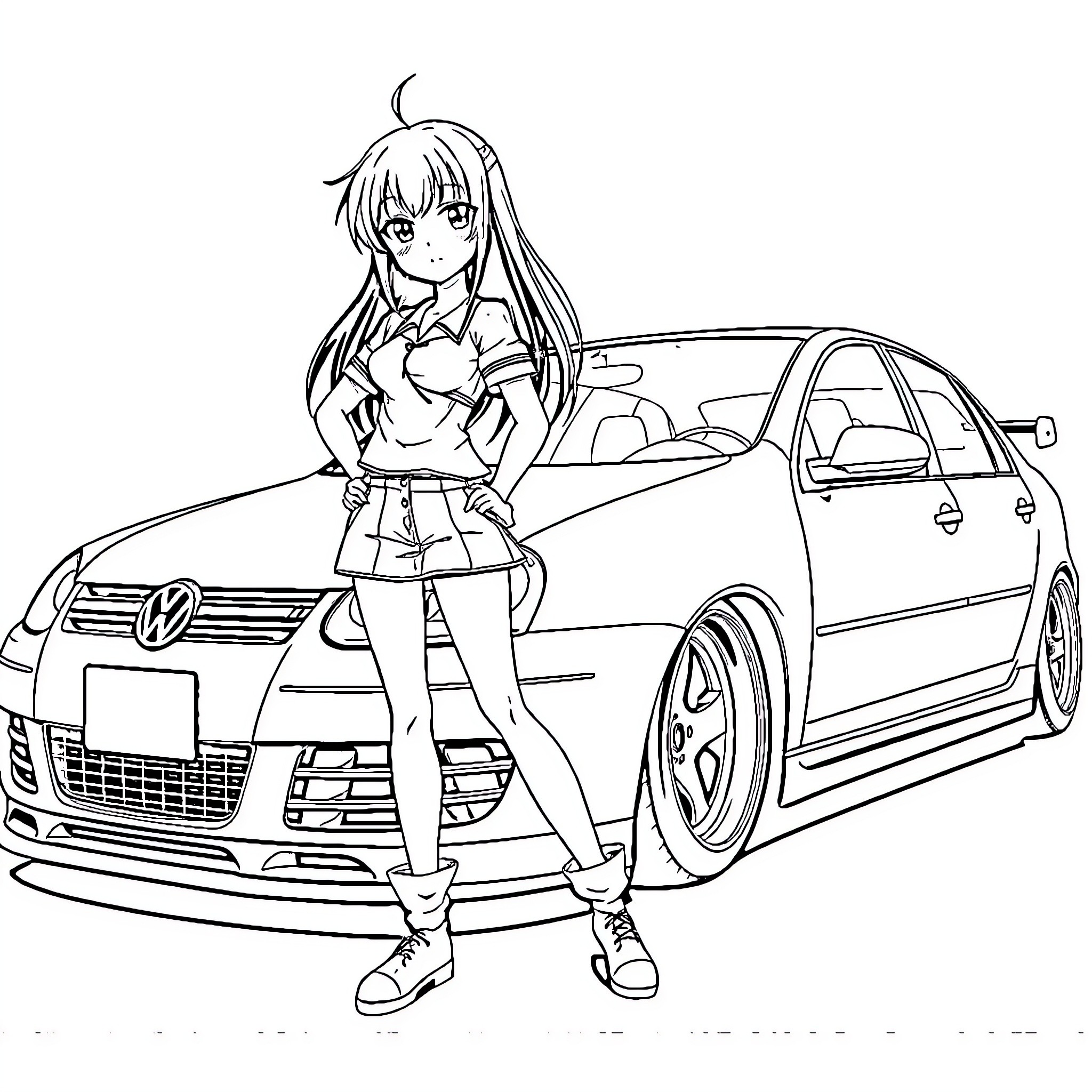 Rukia Kuchiki posing confidently beside a vehicle Coloring Page (free black-and-white line drawing printable PDF for all, from beginners to advanced learners, including children, teens, adults, and seniors)