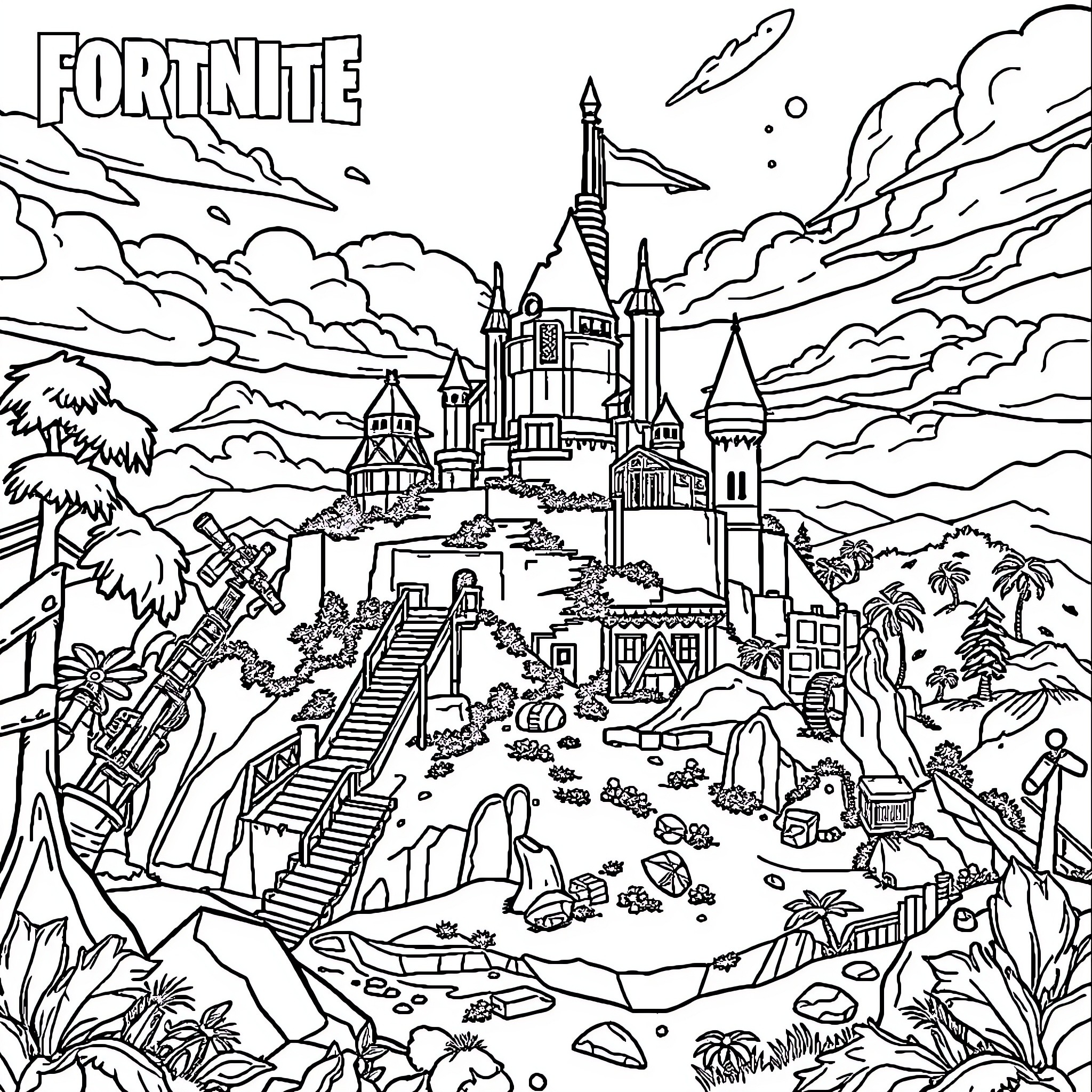 Fortnite fantasy landscape with castles, waterfalls, and adventure Coloring Page (free black-and-white line drawing printable PDF for all, from beginners to advanced learners, including children, teens, adults, and seniors)