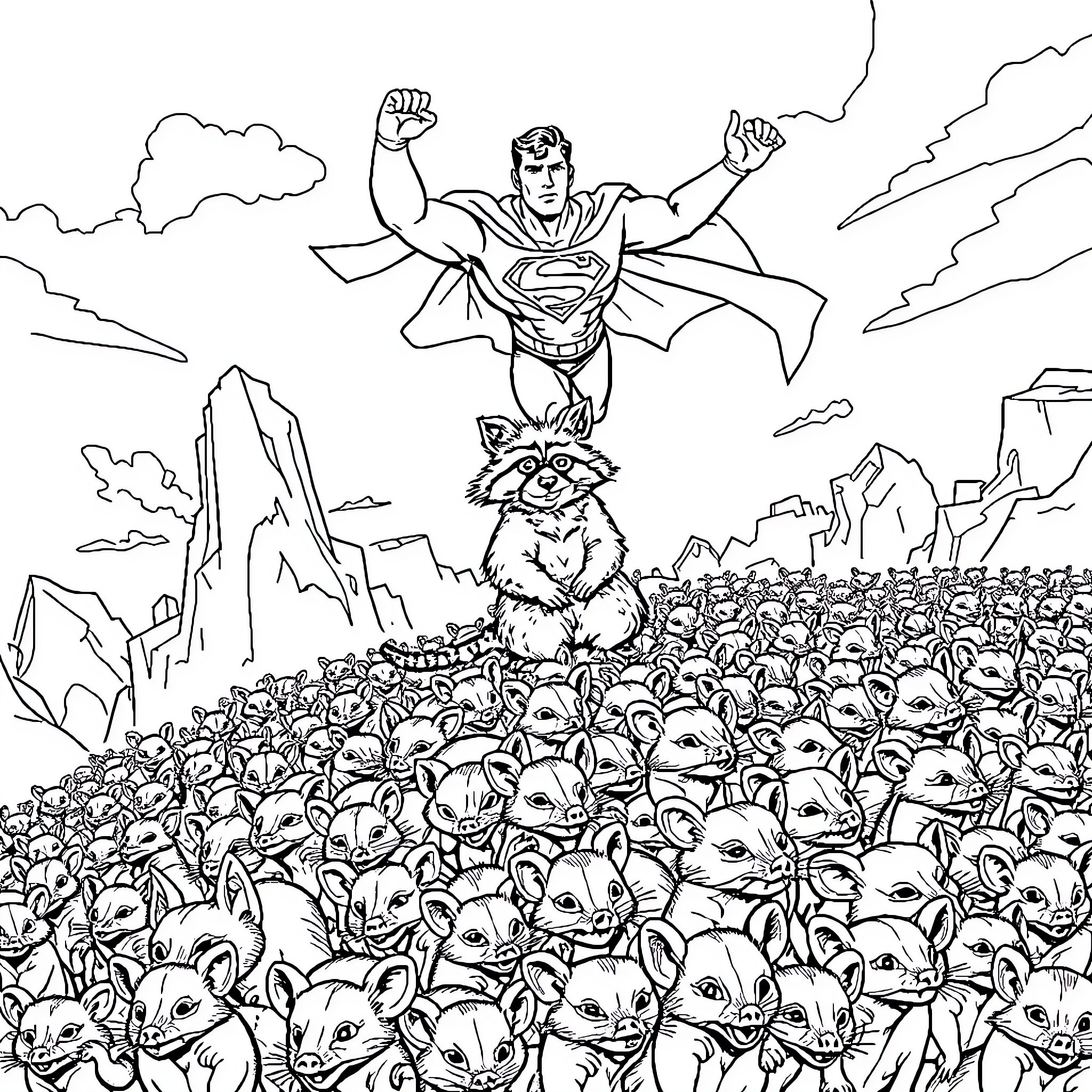 Superman saving a crowd of adorable creatures Coloring Page (free black-and-white line drawing printable PDF for all, from beginners to advanced learners, including children, teens, adults, and seniors)