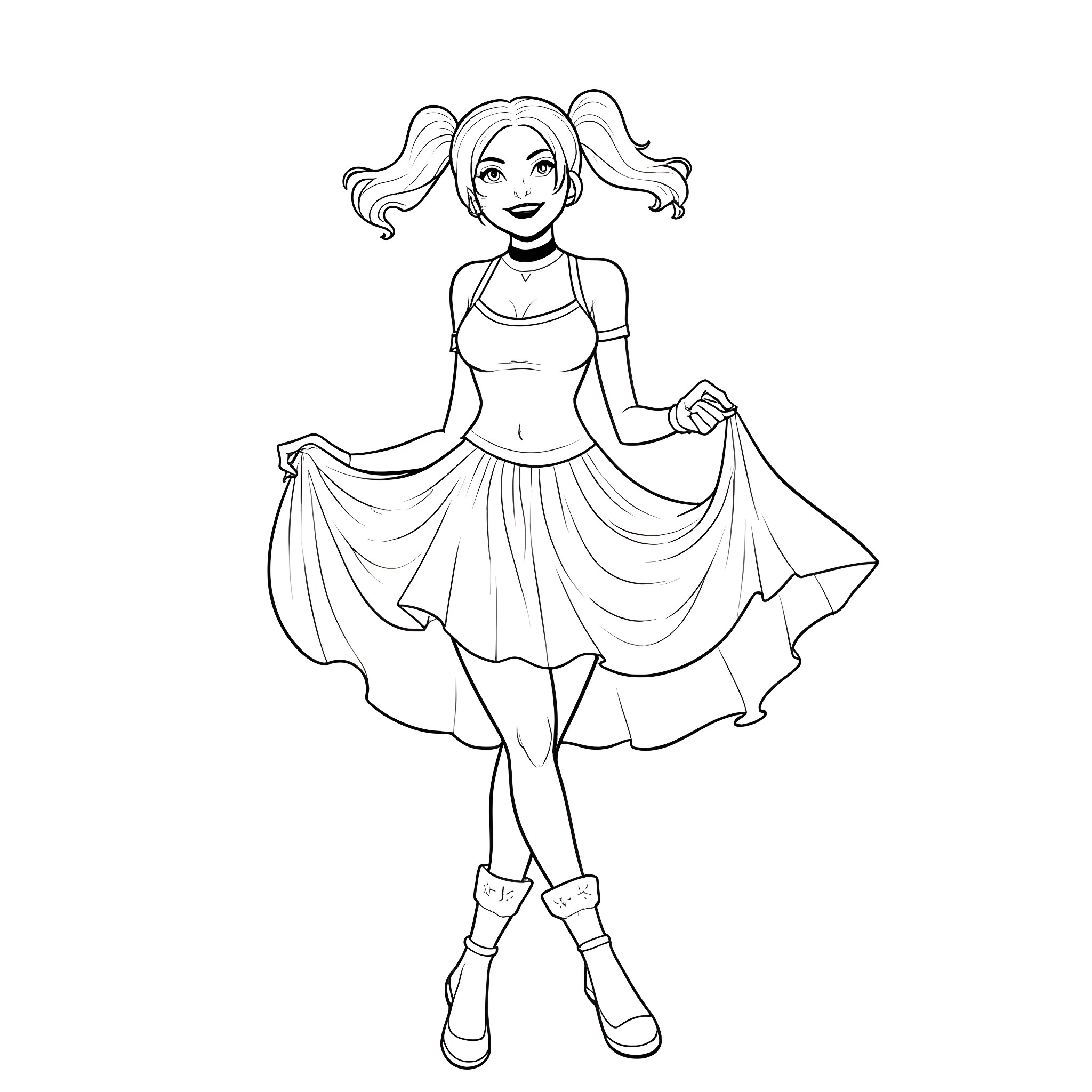 Harley Quinn dancing in a flowing dress Coloring Page (free black-and-white line drawing printable PDF for all, from beginners to advanced learners, including children, teens, adults, and seniors)